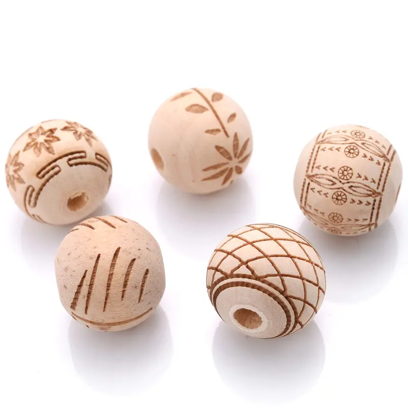 18mm 10Pcs Natural Hemu Carved Wooden Round Loose Beads Fashion Crafts Kid Toys Jewelry Bracelet Teether Beads Accessories