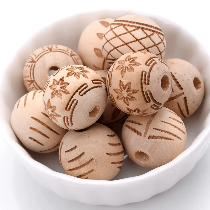 18mm 10Pcs Natural Hemu Carved Wooden Round Loose Beads Fashion Crafts Kid Toys Jewelry Bracelet Teether Beads Accessories