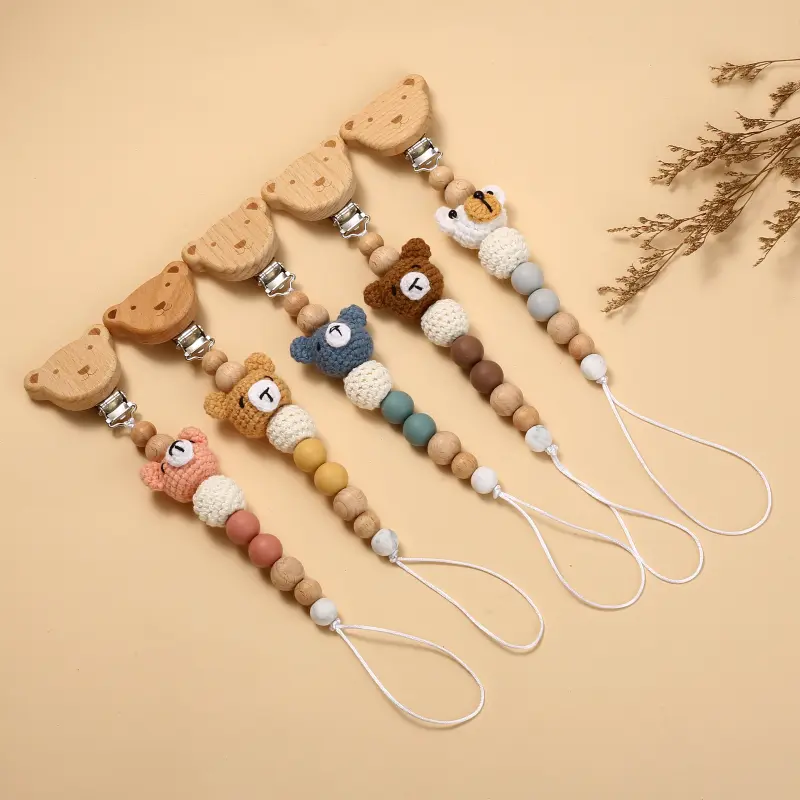 Baby Beech Wood Pacifier Clip Cartoon Animal Crochet Beads Silicone Nipple Chain For Teether Nursing Toys Baby Pacifier Chain