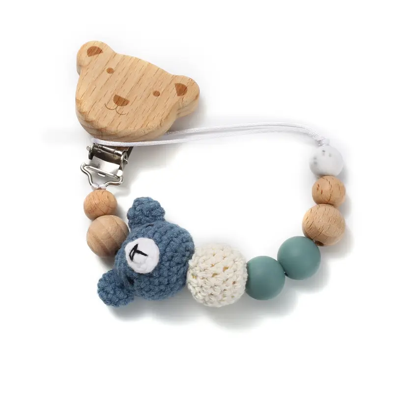 Baby Beech Wood Pacifier Clip Cartoon Animal Crochet Beads Silicone Nipple Chain For Teether Nursing Toys Baby Pacifier Chain