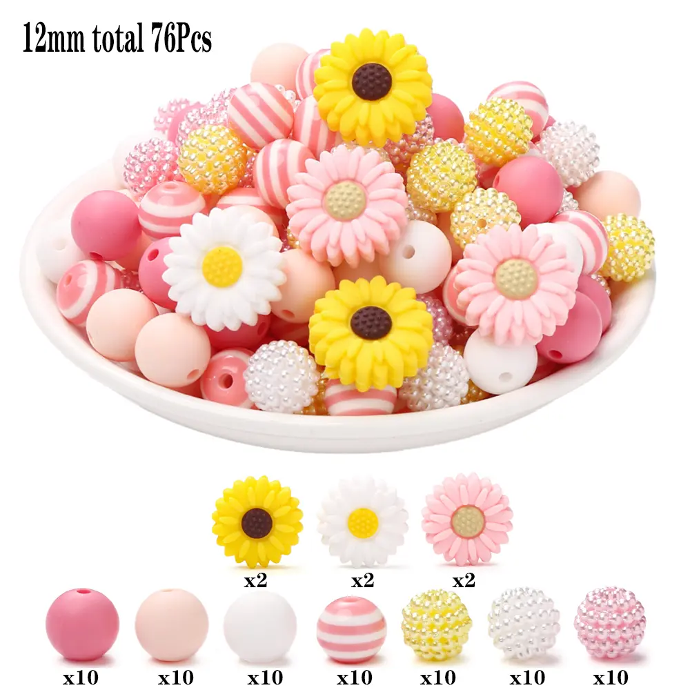 76Pcs Silicone Acrylic Beads Set 12mm Round Daisy Flower Shape Focus Beads For Teether Baby Pacifier Chain DIY Jewelry Making