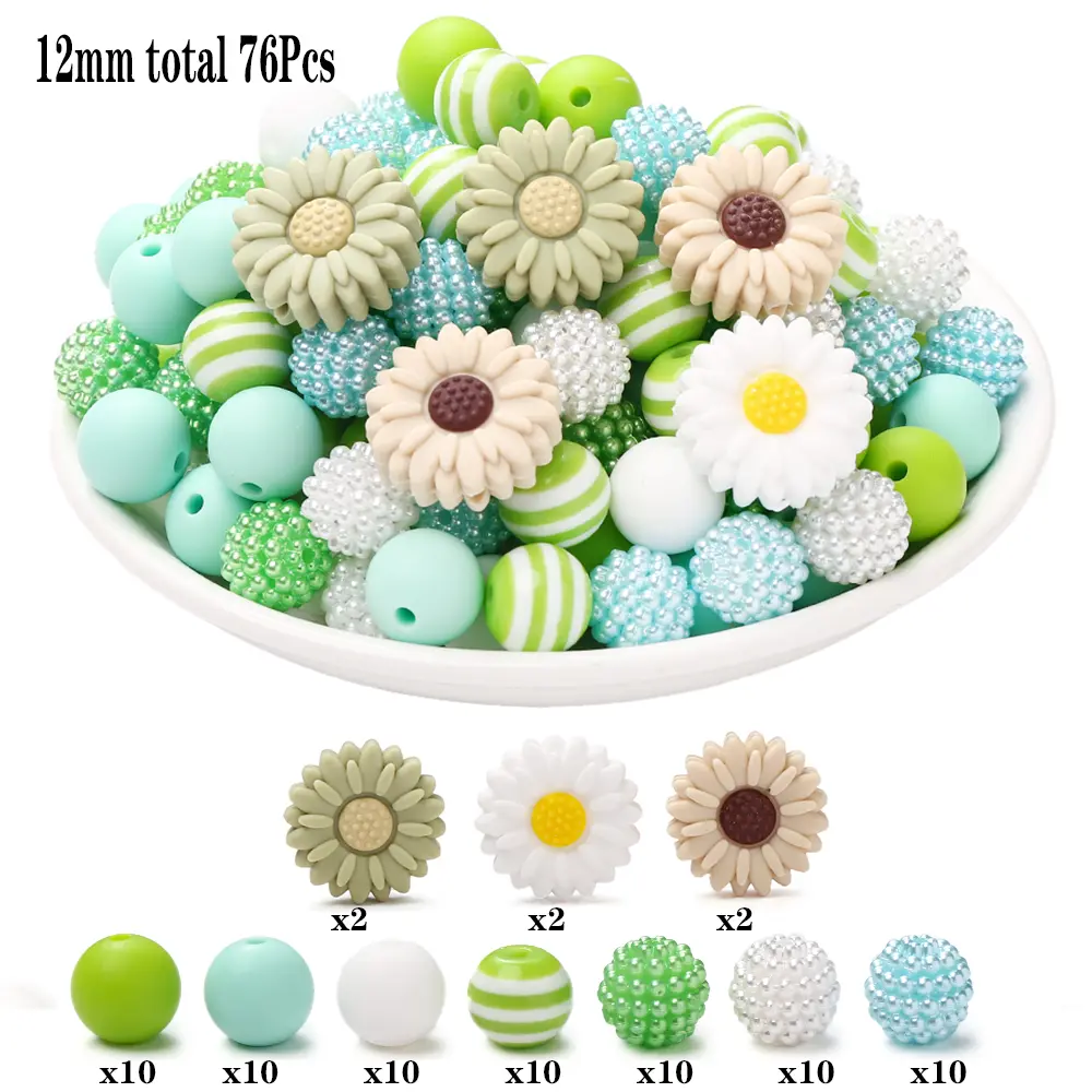 76Pcs Silicone Acrylic Beads Set 12mm Round Daisy Flower Shape Focus Beads For Teether Baby Pacifier Chain DIY Jewelry Making