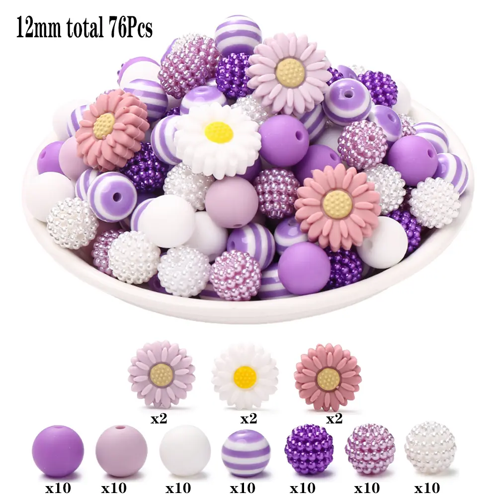76Pcs Silicone Acrylic Beads Set 12mm Round Daisy Flower Shape Focus Beads For Teether Baby Pacifier Chain DIY Jewelry Making