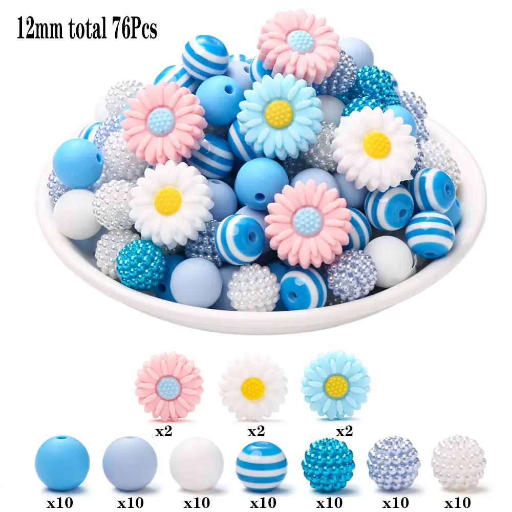76Pcs Silicone Acrylic Beads Set 12mm Round Daisy Flower Shape Focus Beads For Teether Baby Pacifier Chain DIY Jewelry Making