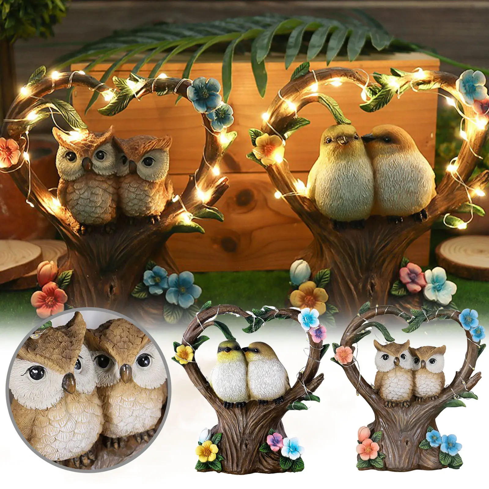 Birds Statue Resin Garden Statue with Solar Powered Light Garden Animal Statues Cute Animal Figurine for Patio Yard Lawn Porch