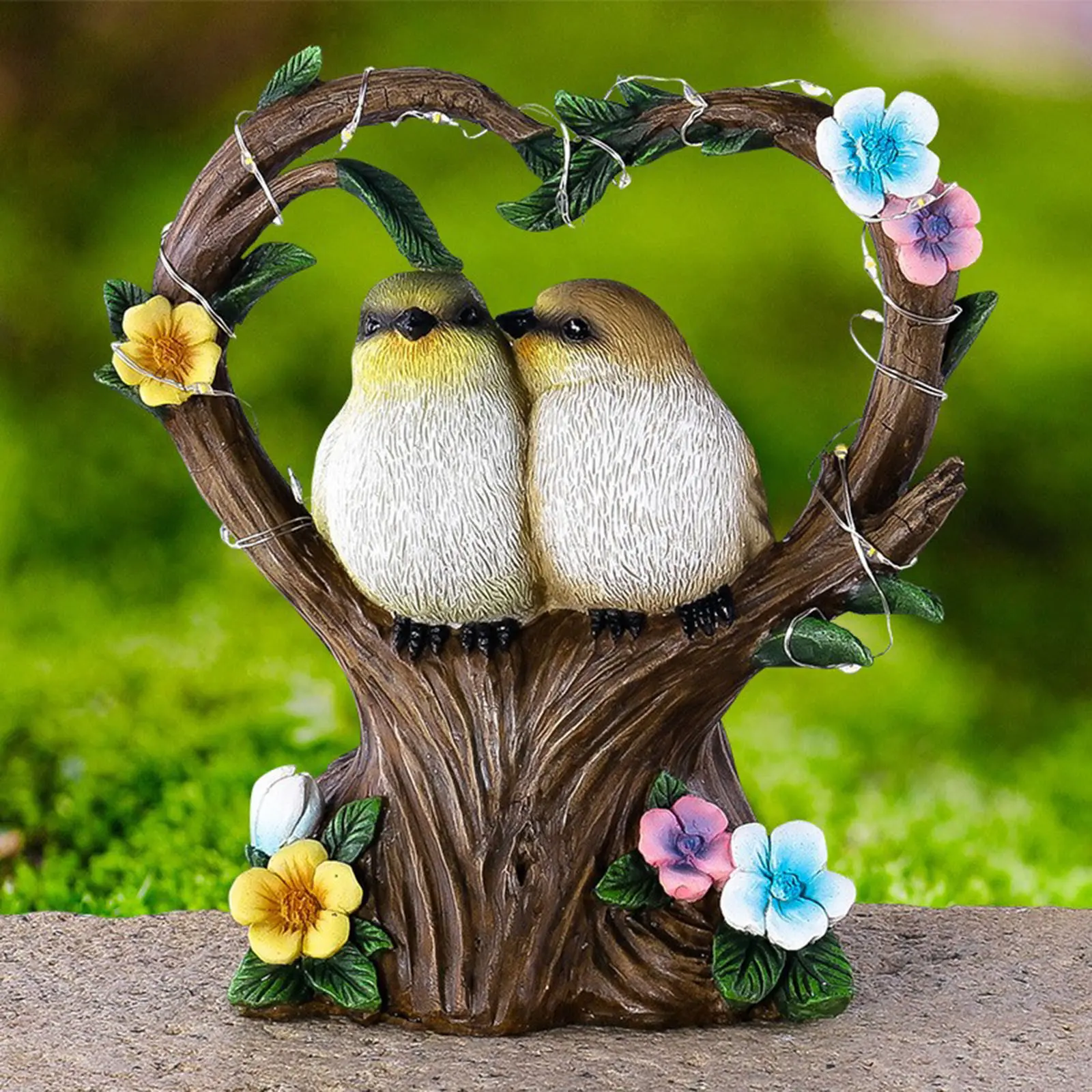 Birds Statue Resin Garden Statue with Solar Powered Light Garden Animal Statues Cute Animal Figurine for Patio Yard Lawn Porch