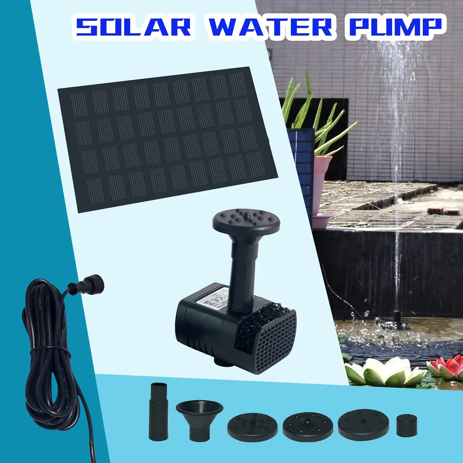 Solar Powered Fountain Pump Plastic Material with 6 Spray Nozzles for Water Basin Fountain Garden Small-scale Pond