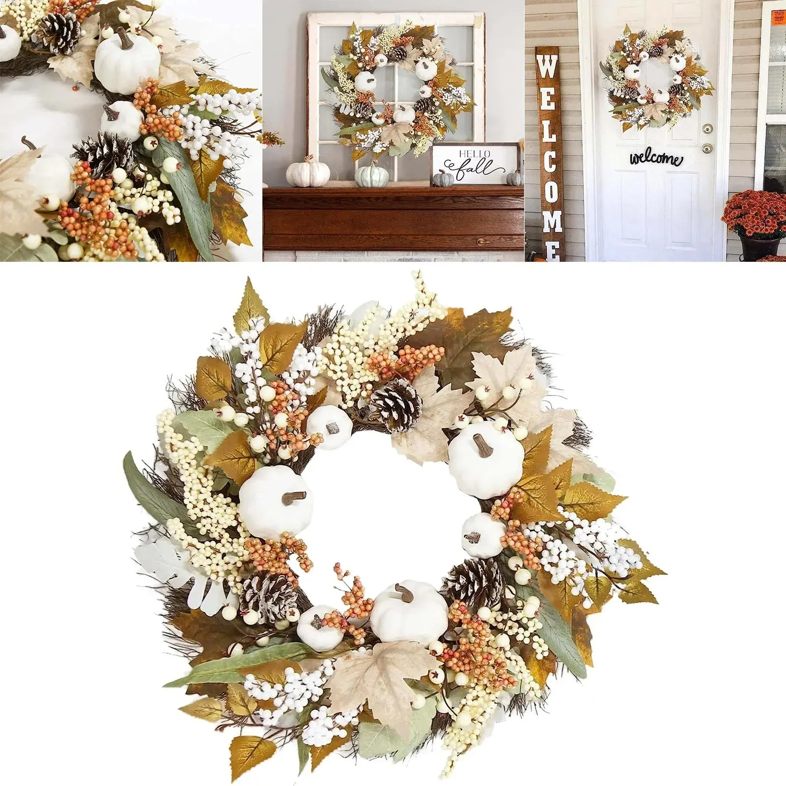 Autumn Wreath Farmhouse Decoration Farmhouse Thanksgiving Maple Leaf Berry Halloween White Pumpkin Set Garland Ornament Pendant