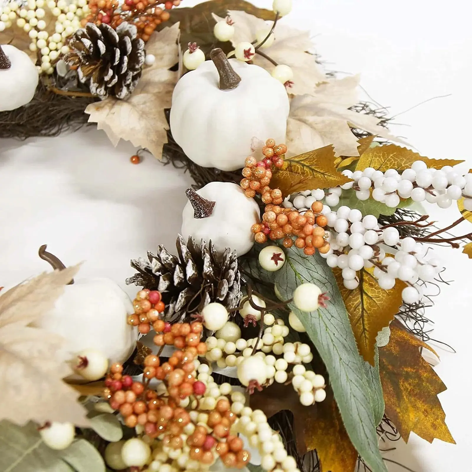 Autumn Wreath Farmhouse Decoration Farmhouse Thanksgiving Maple Leaf Berry Halloween White Pumpkin Set Garland Ornament Pendant