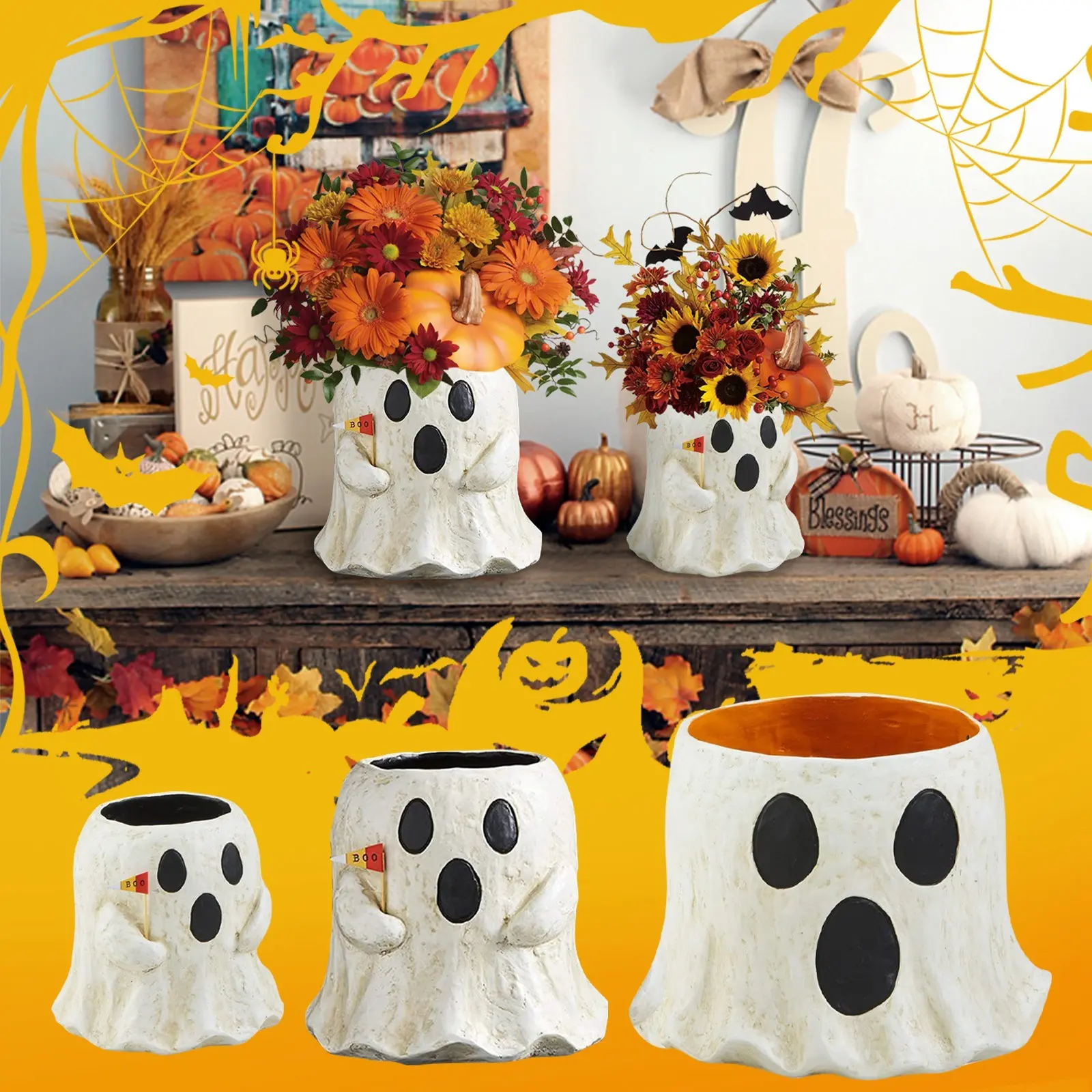 Cute Ghost Design Flower Pot Succulent Halloween Ghost Planter Flower Pot Ghost Figurine Ornaments Decor For Courtyard Porch