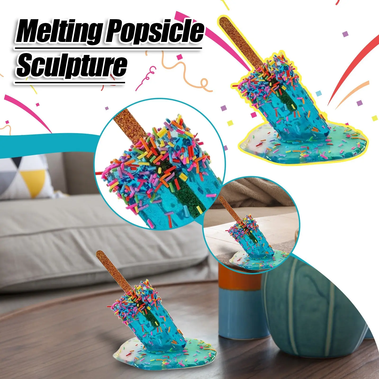 Resin Melting Ice Cream Ornaments Melting Popsicle Sculpture Resin Decoration Craft Summer Cool Popsicle Home Decoration