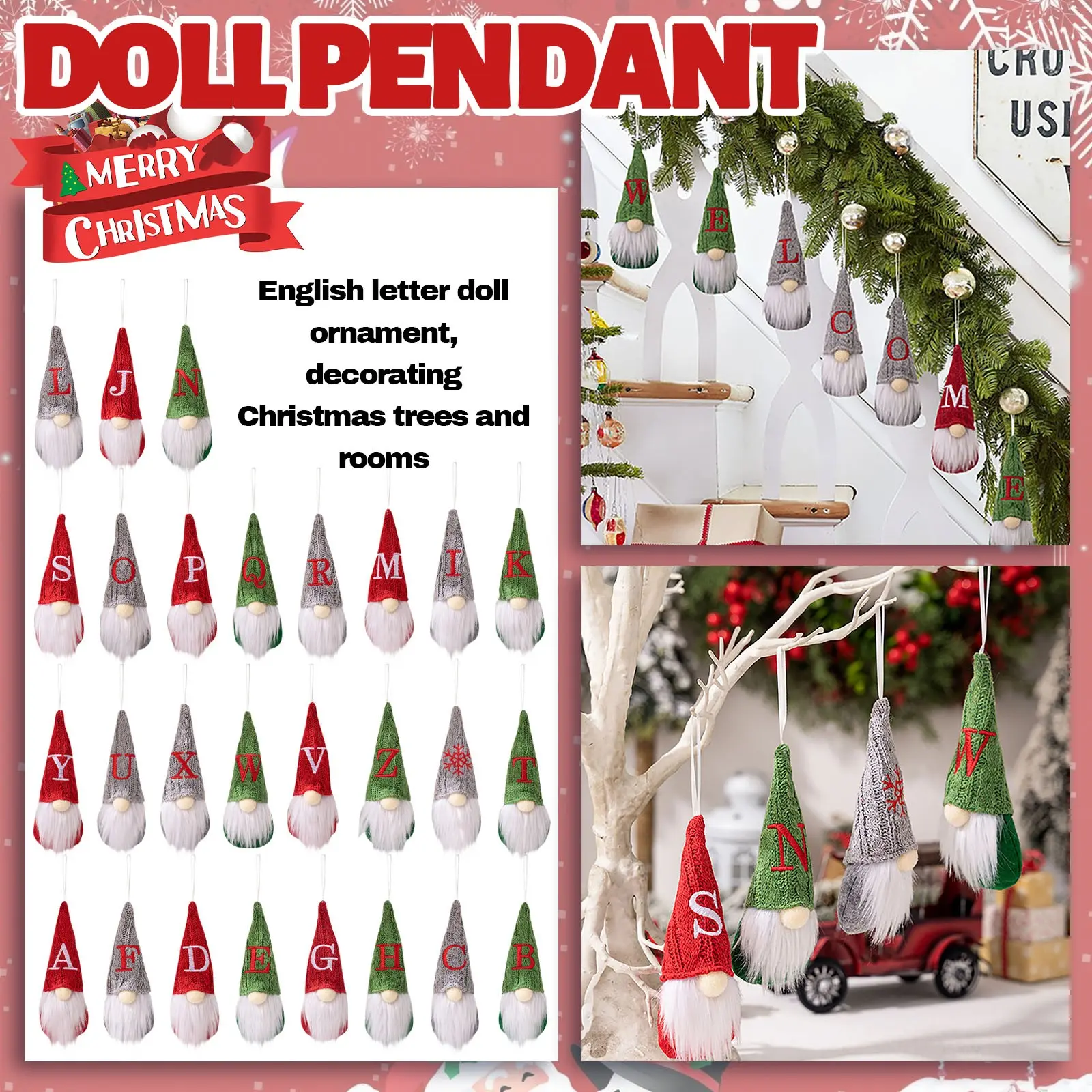26 letter Christmas Mini Doll Gnome Christmas Tree Pendant Pink Plush Doll Pendant Home Christmas Decoration Navidad Natal