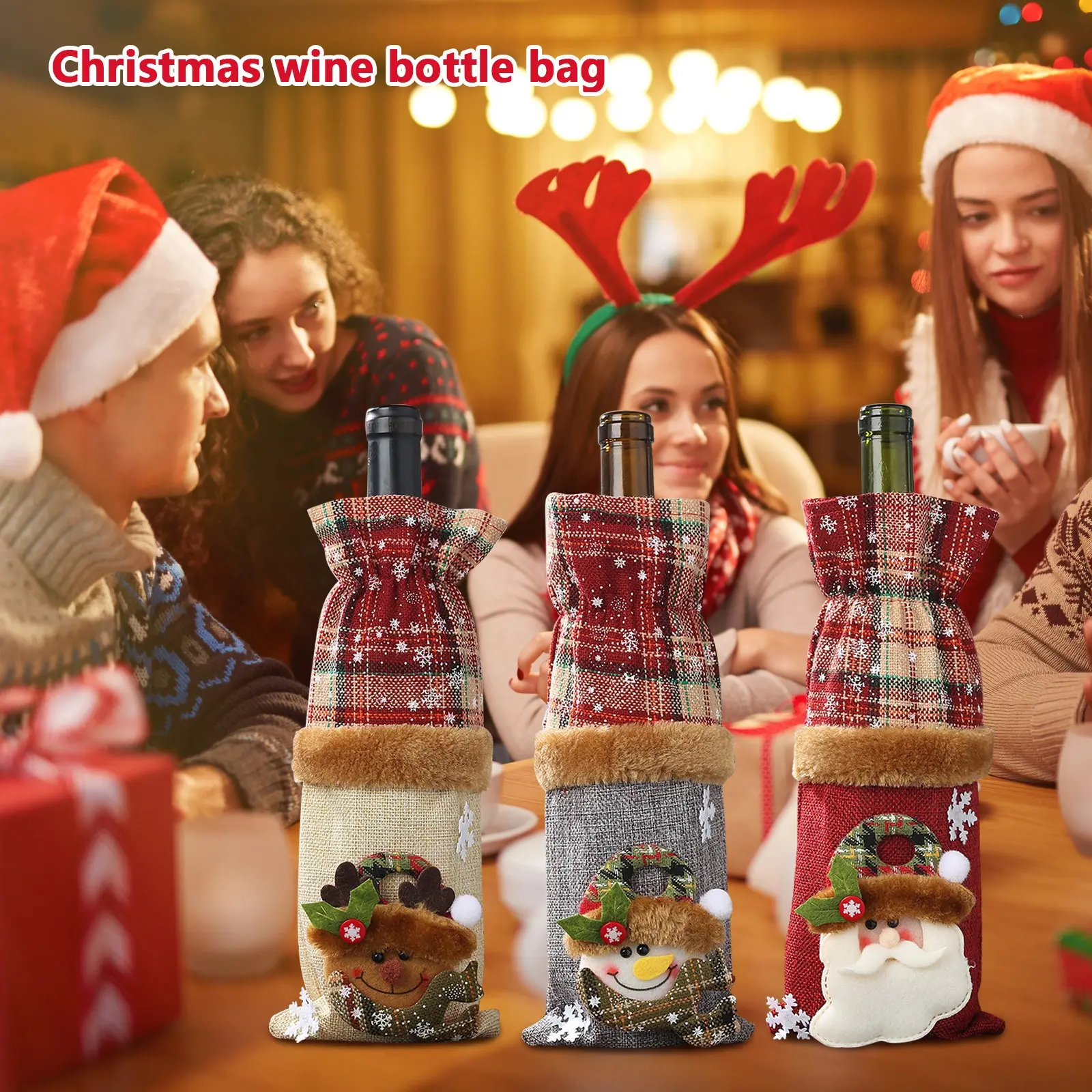 Christmas Wine Bottle Cover Set Santa Claus Snowman Linen Wool Red Wine Bottle Bags For New Year Xmas Party Dinner Table Decor