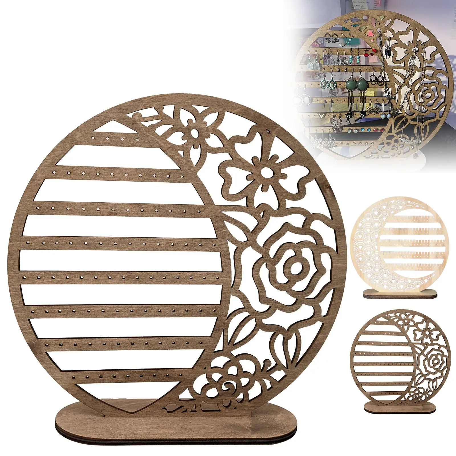 Earring Display Stand Earring Holder Organizer Jewelry Stand Wooden Hollow Flower Storage Organizer Vintage Desk Decor Tower