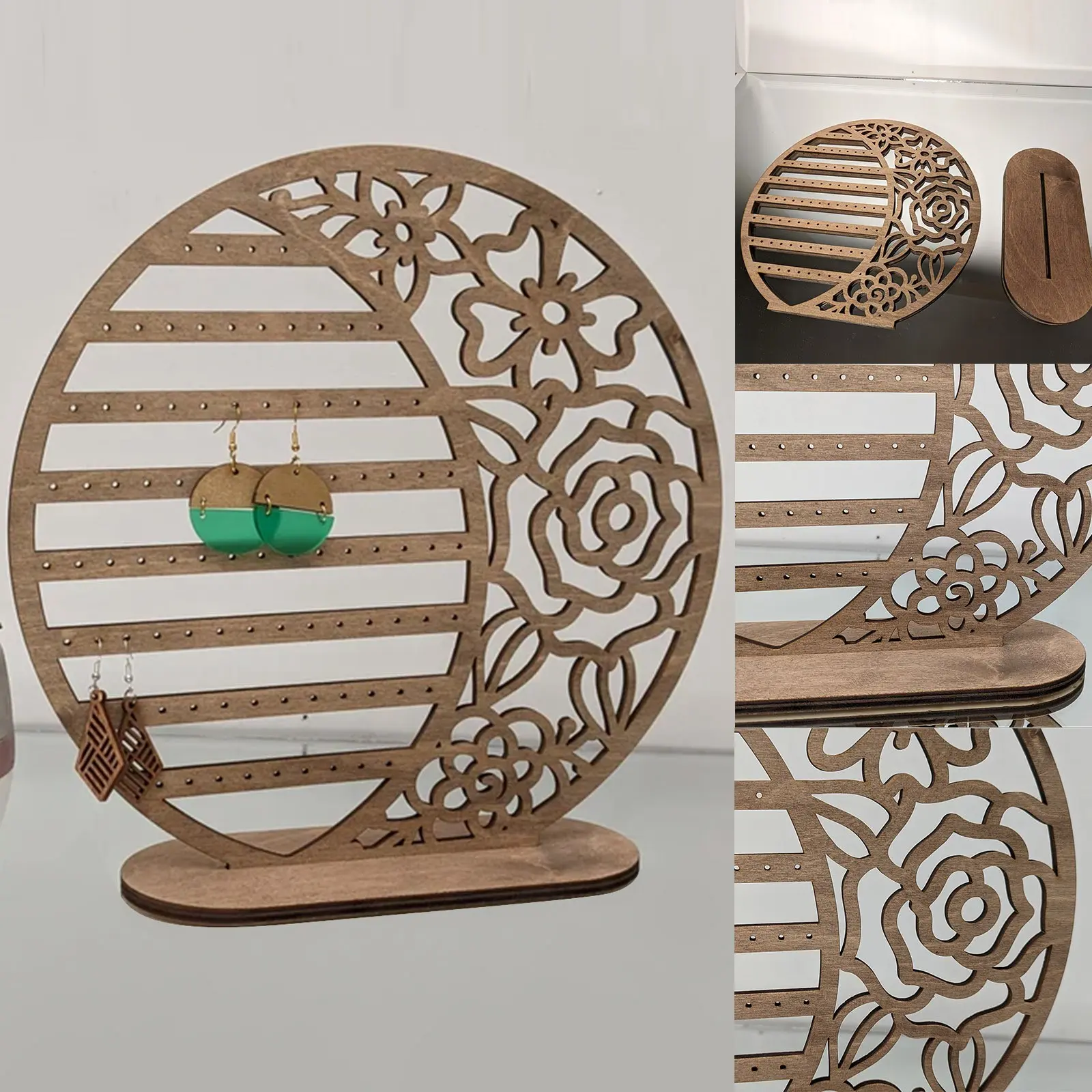 Earring Display Stand Earring Holder Organizer Jewelry Stand Wooden Hollow Flower Storage Organizer Vintage Desk Decor Tower