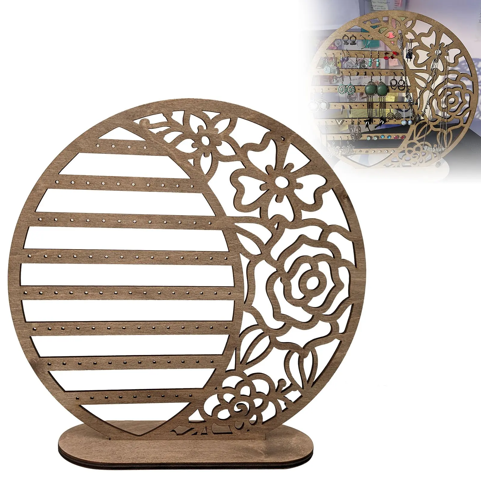 Earring Display Stand Earring Holder Organizer Jewelry Stand Wooden Hollow Flower Storage Organizer Vintage Desk Decor Tower