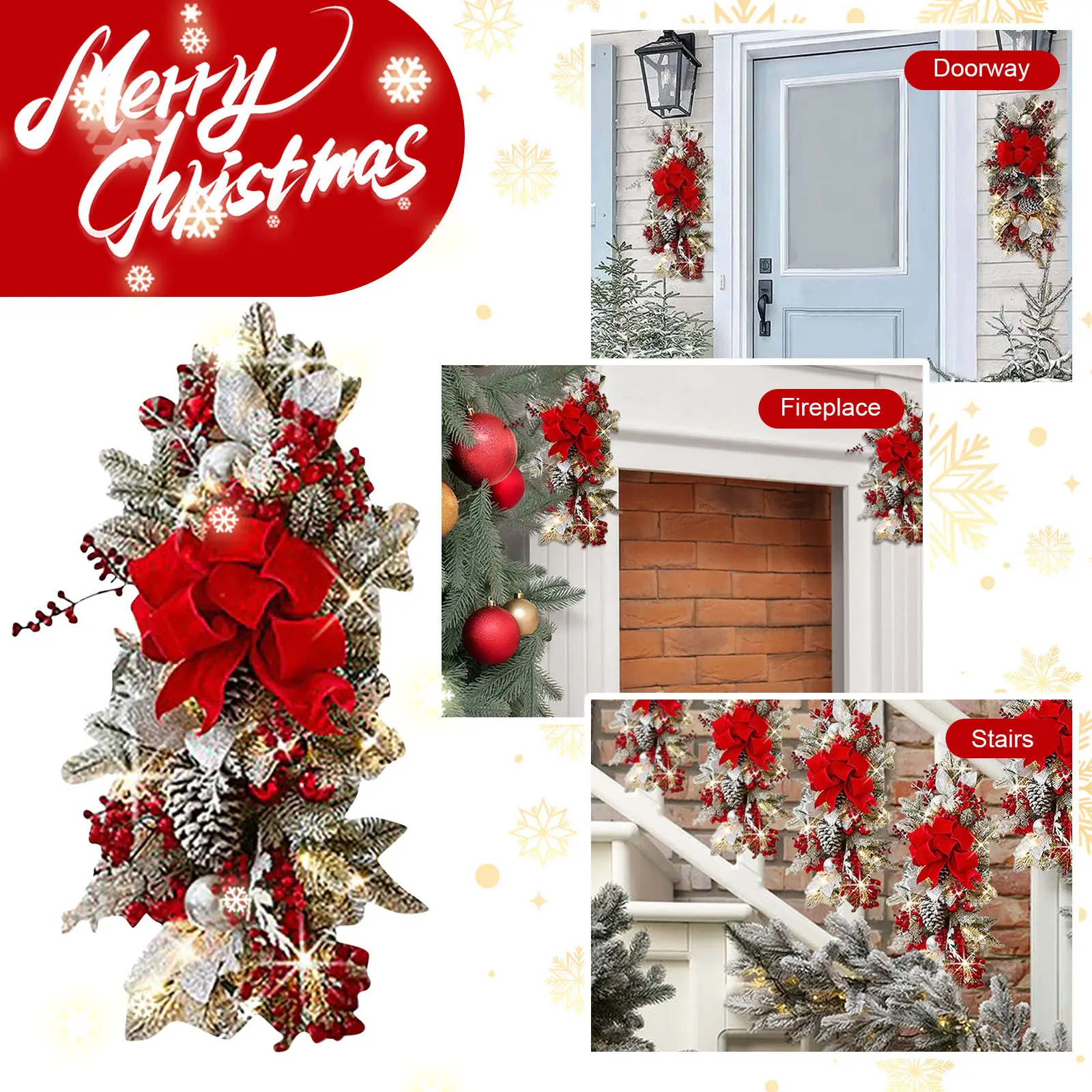 Hanging Stairs Garland Christmas Swag Door Wreath Pendants Stairway Swag Trim Lights Up LED Wreath Christmas Hanging Decoration