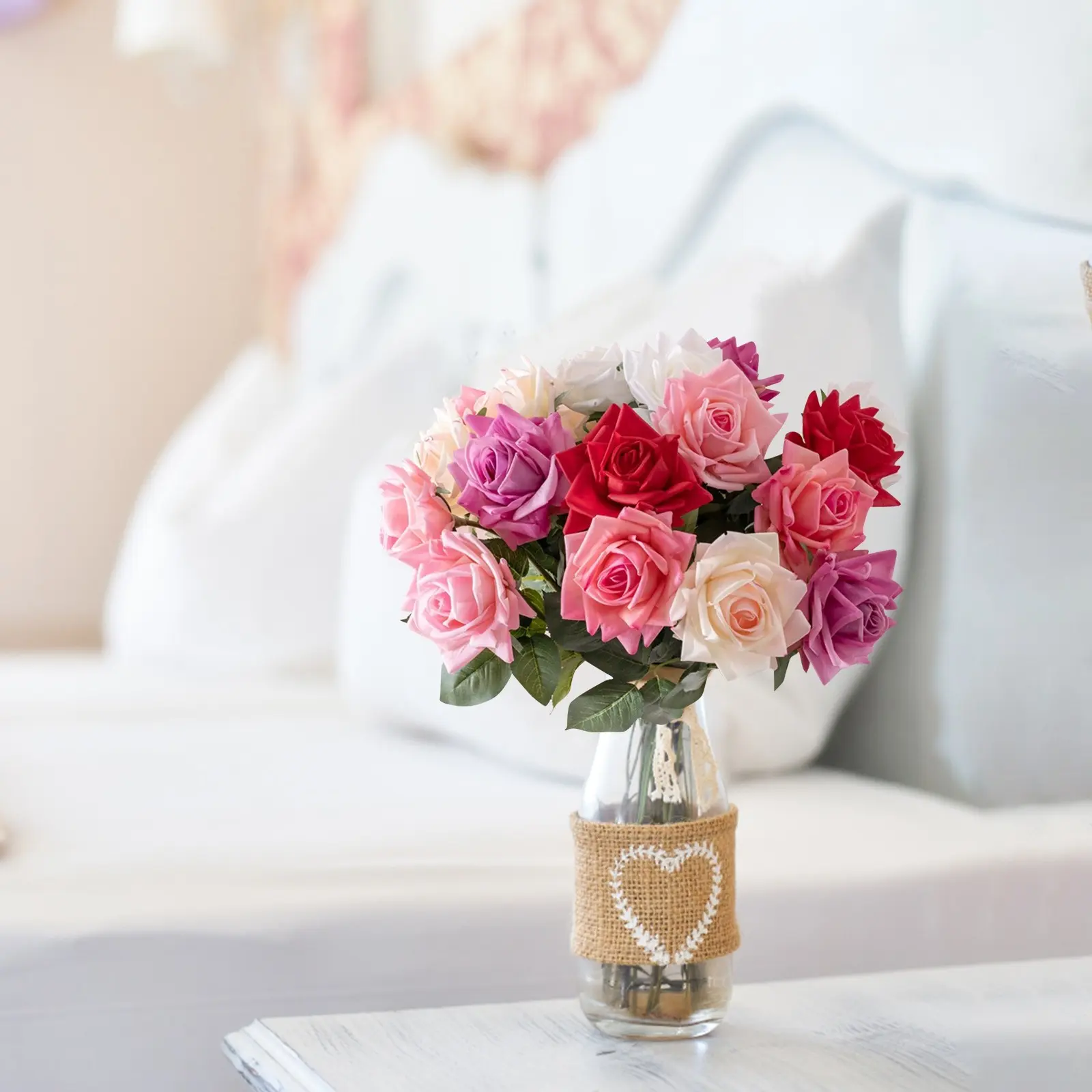 Artificial Pink Rose Bouquet Flower Wedding Bridal Photography Props Home Garden Decoration Simulation Silk Rose Bouquet