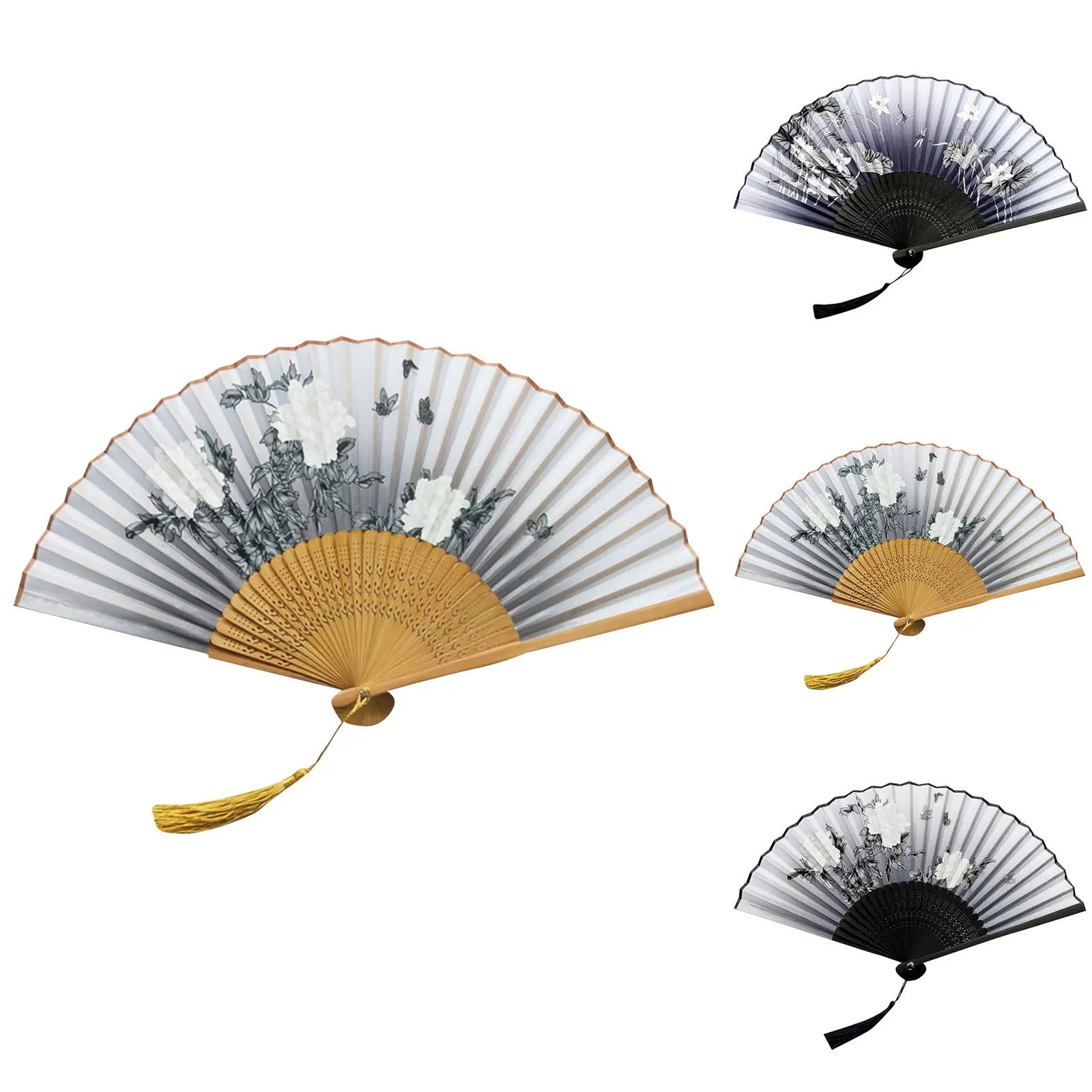 Bamboo Chinese Japanese Folding Fan Colorful Tassel Elegent Female Fan Vintage Style Folding Fan Silk Hand Fan