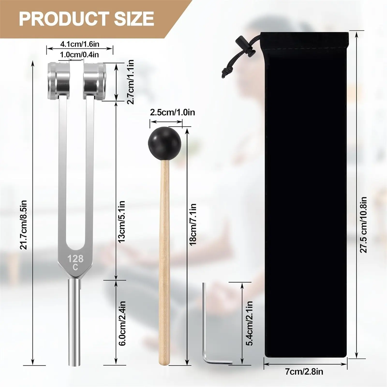 Tuning Fork 128Hz  with Silicone Hammer and Cleaning Cloth Perfect Healing Musical Instrument for Stress Alleviation