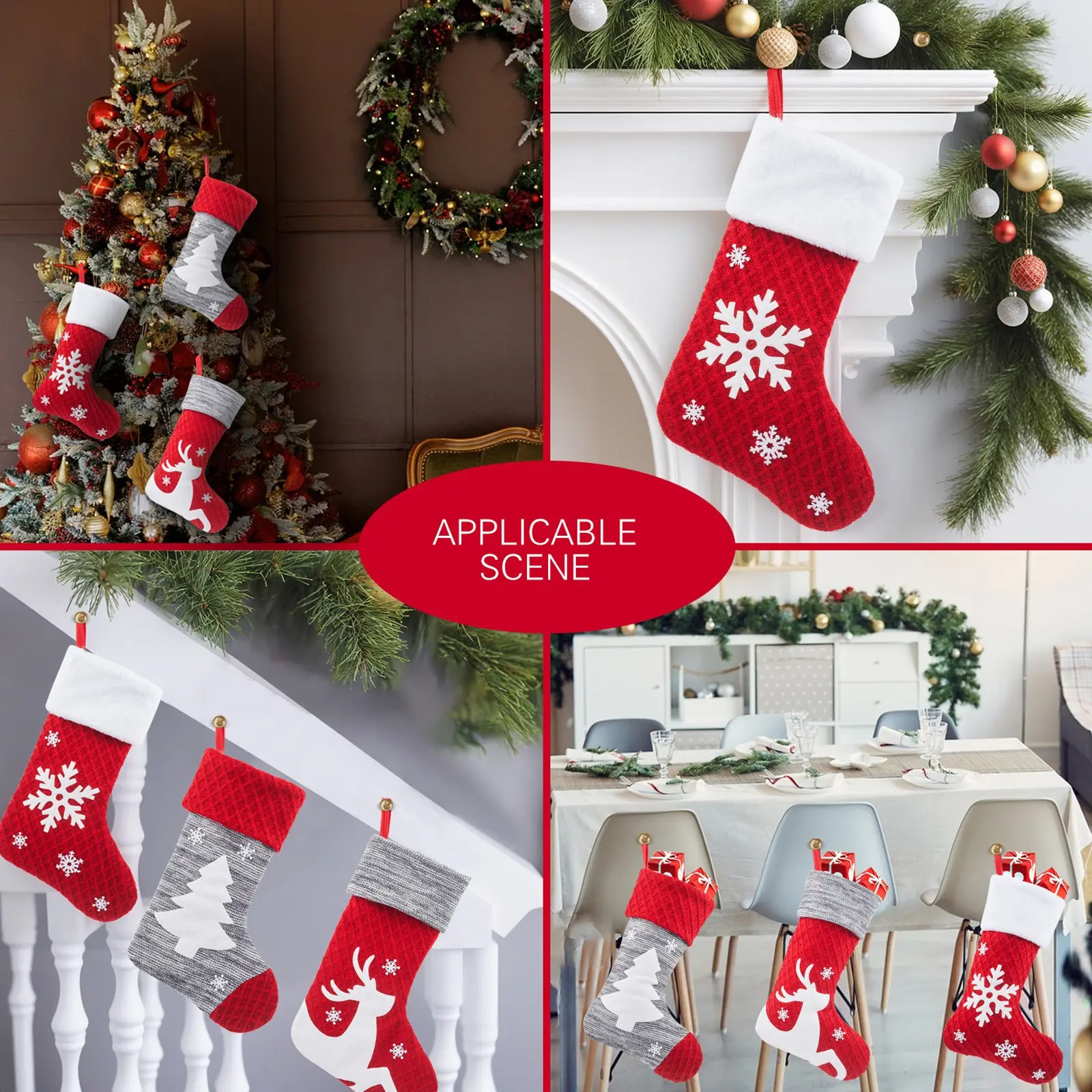 1pc Christmas Knitted Stockings Decor Festival Gift Bag Fireplace Xmas Tree Hanging Ornaments Decor Red White Christmas Sock