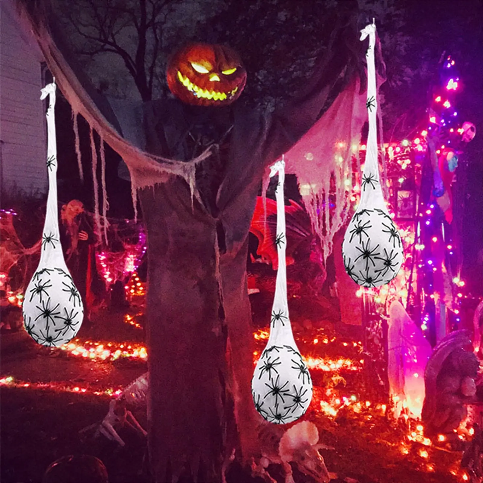 3Pcs Halloween Lighted Spider Egg Sacs Spider Web Halloween Indoor Outdoor Garden Yard Tree Hanging Ornaments Decorations