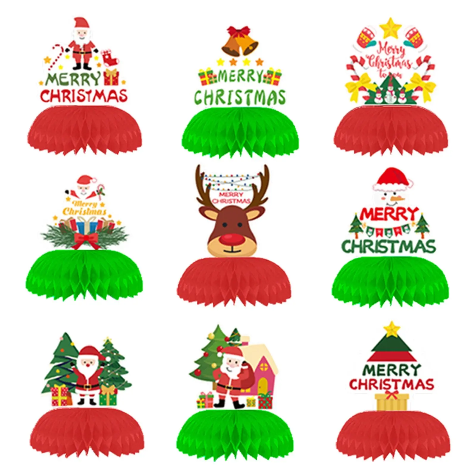 9pcs Vintage Christmas Honeycomb Centerpieces Santa Claus Snowman Reindeer Ornament Xmas Holiday Table Decorations Navidad Noel