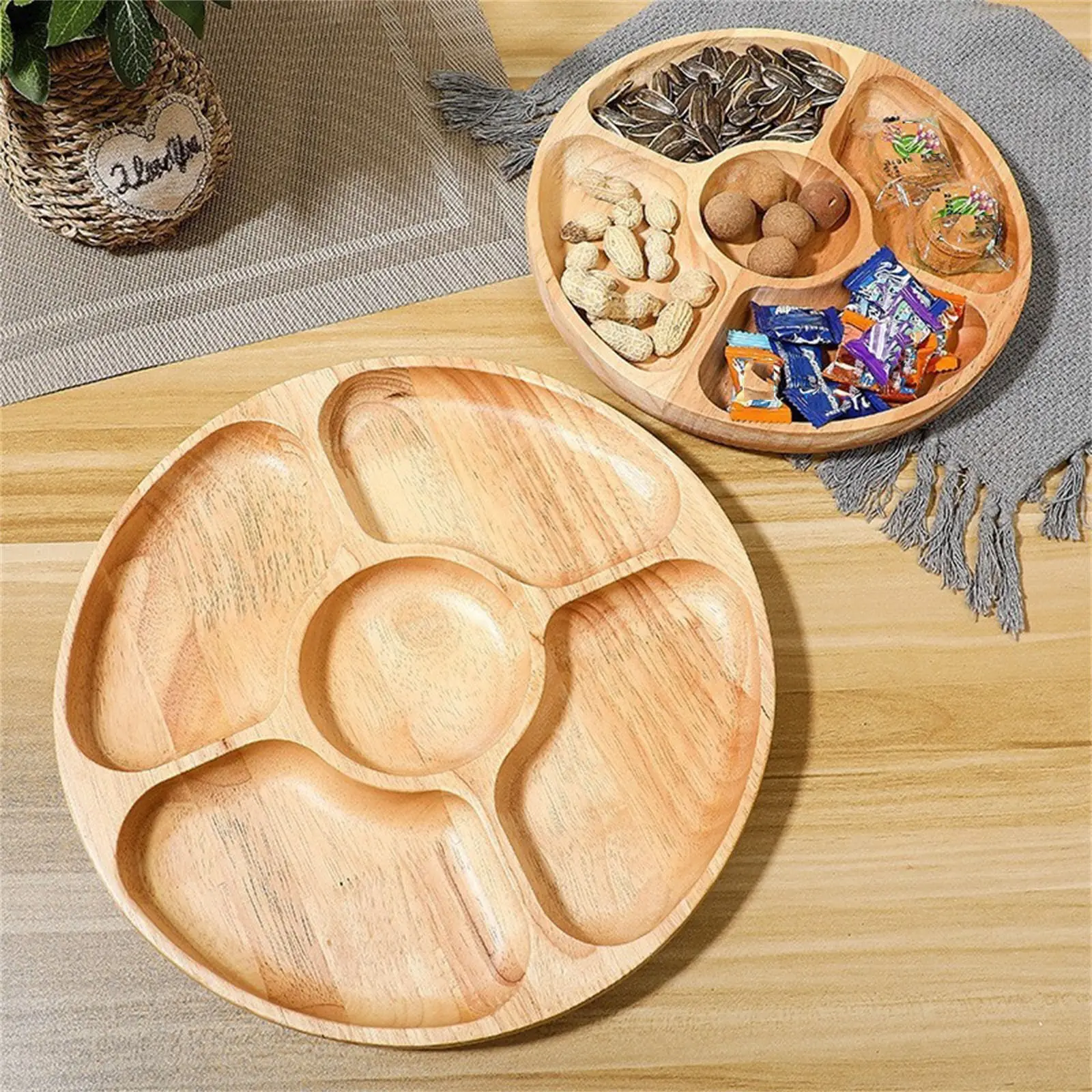 Divided Serving Dish Tray 10'' Bamboo Veggie Fruit Platter, Sectional Snack Container Bowls with 5 Compartments for Candy Nuts