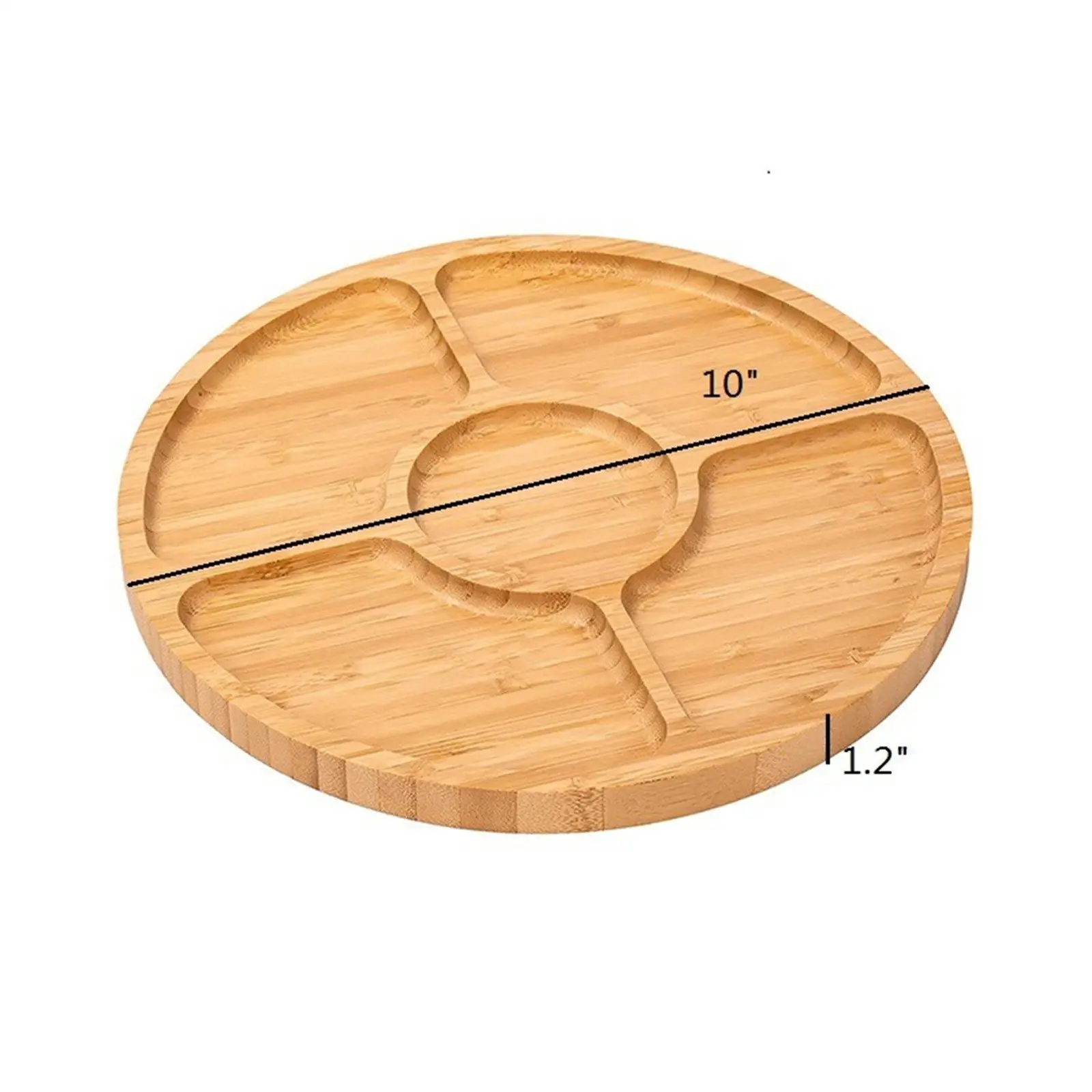 Divided Serving Dish Tray 10'' Bamboo Veggie Fruit Platter, Sectional Snack Container Bowls with 5 Compartments for Candy Nuts
