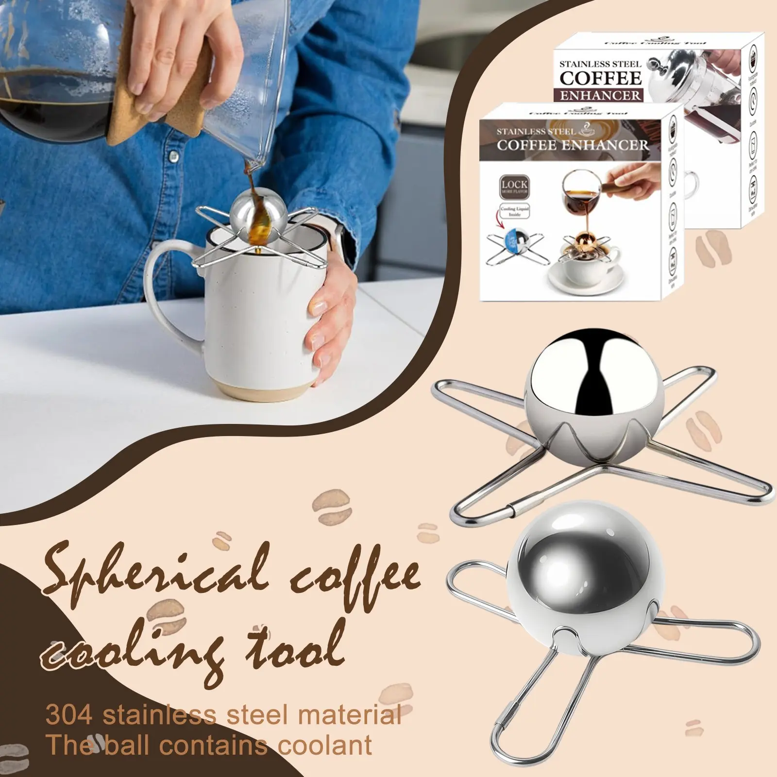 Stainless Steel Espresso Coffee Ice Cube Ball Whiskey Chilling Stone With Holder Reusable Cooling Coffee Tool