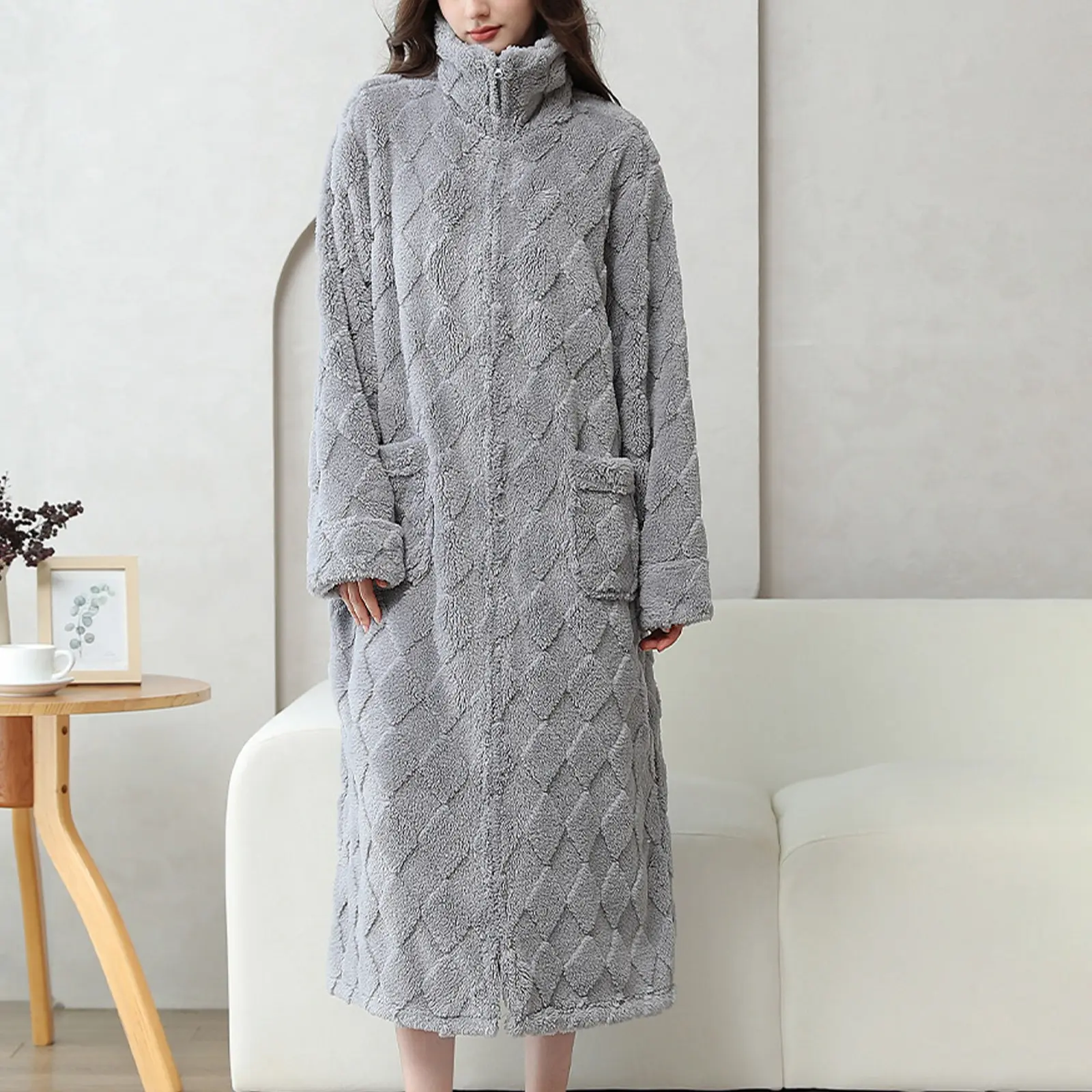 Women Robes Winter Plush Collar Shawl Bathrobe Home Clothes Long Sleeved Robe Coat Female Thick Coral Fleece Dressing Gown