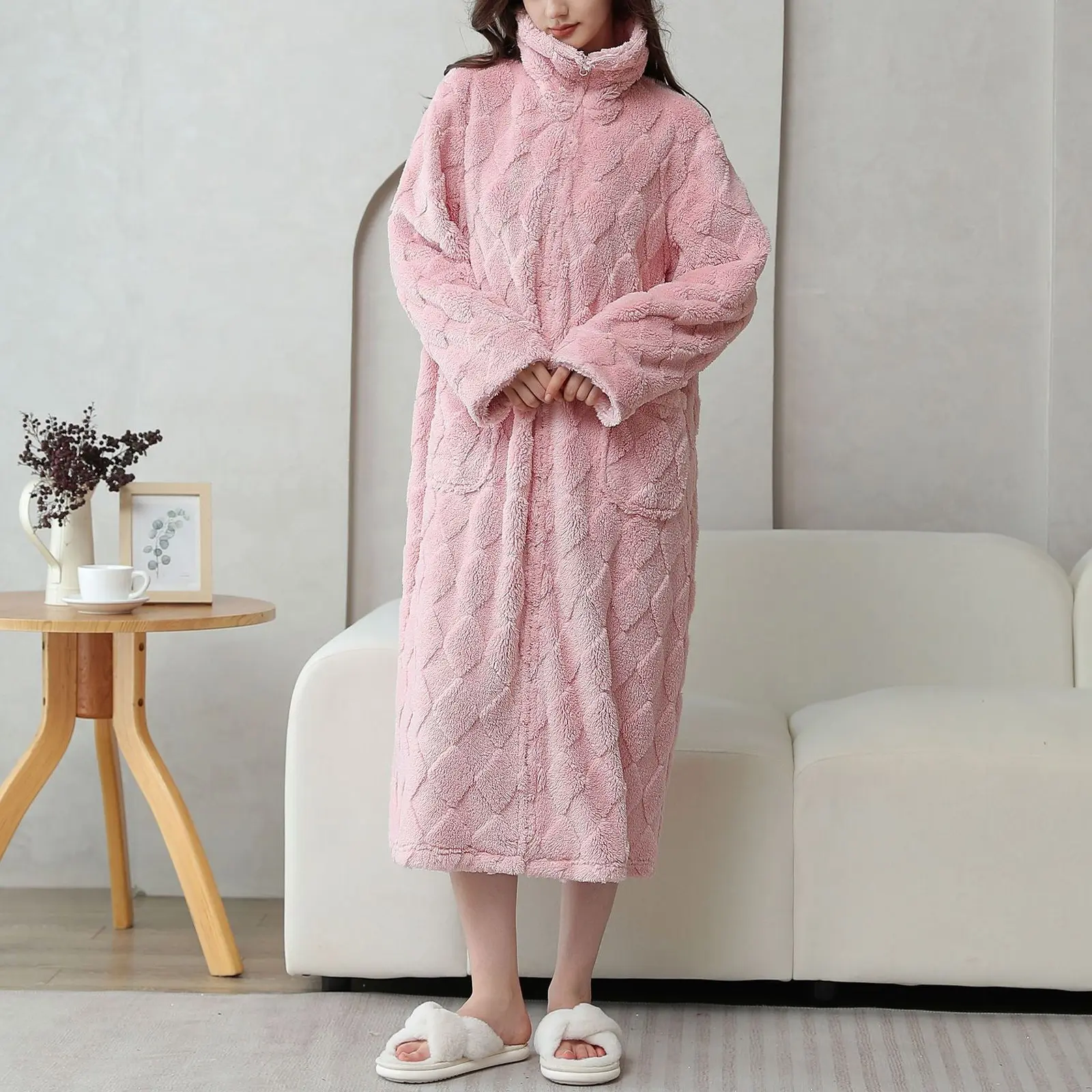 Women Robes Winter Plush Collar Shawl Bathrobe Home Clothes Long Sleeved Robe Coat Female Thick Coral Fleece Dressing Gown