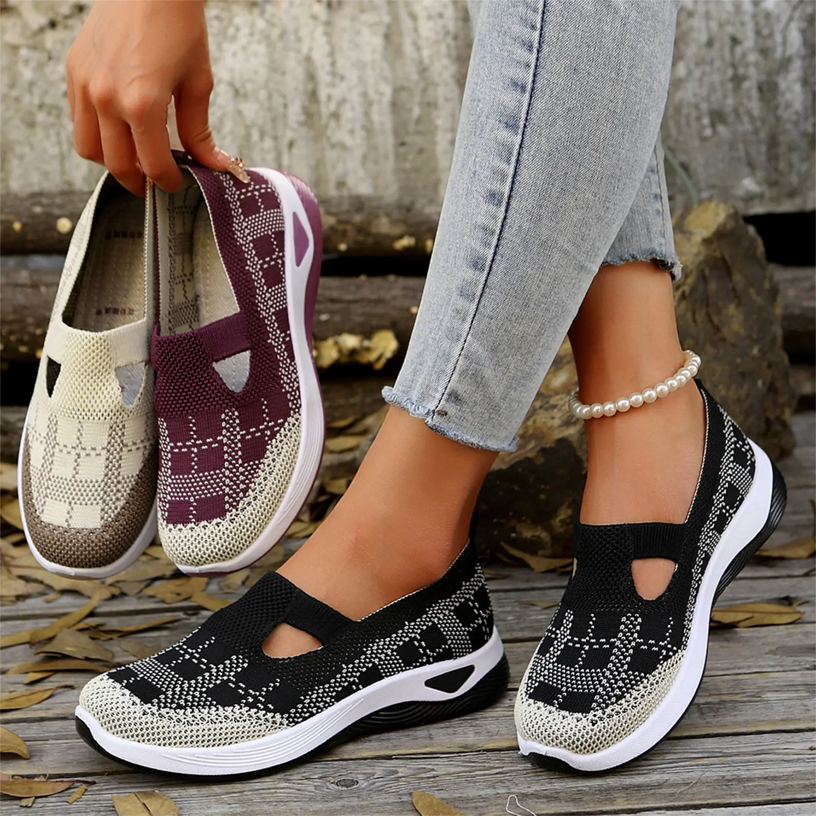 Women's New Summer Shoes Mesh Breathable Sneakers Light Slip on Flat Platform Casual Shoes Ladies Anti-slip Walking Woven Shoes