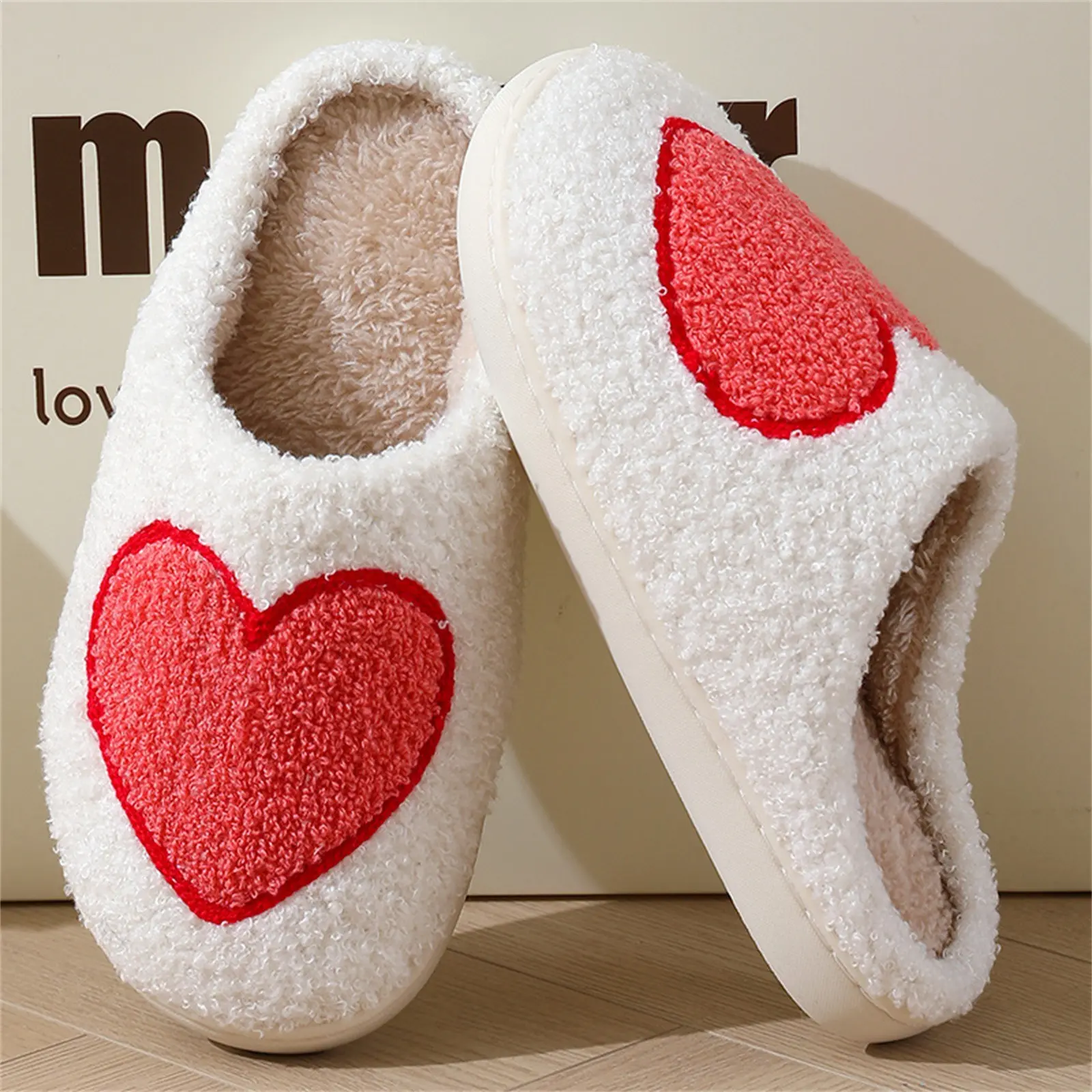 New Mushroom Popular Winter Smiling Face Peach Heart Cotton Slippers Women'S Indoor Home Rainbow Plush Warm Slippers
