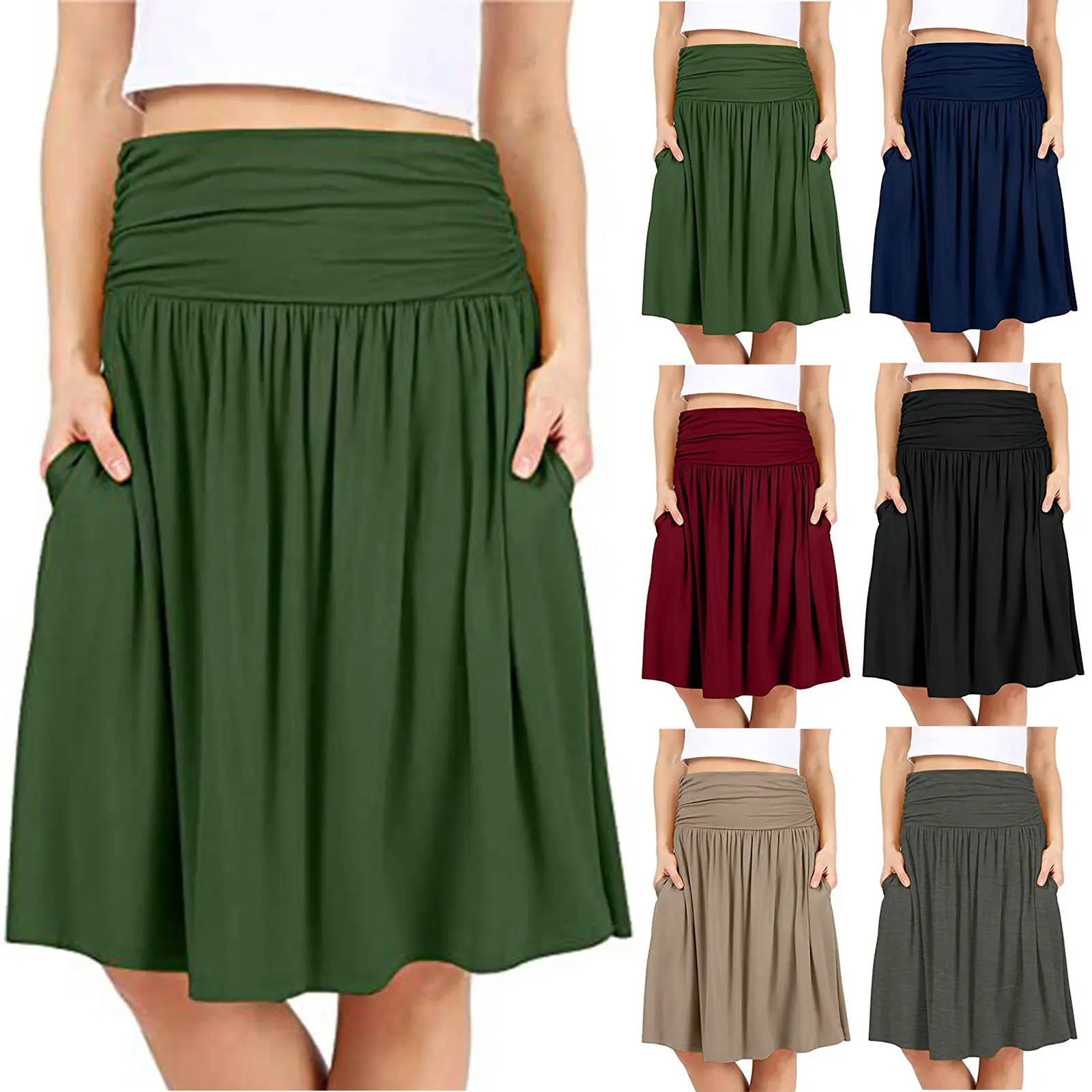 Skirts For Women Trendy Summer Regular Skirt With Pockets Below The Knee Length Ruched Flowy Midi Skirt Women'S Clothing