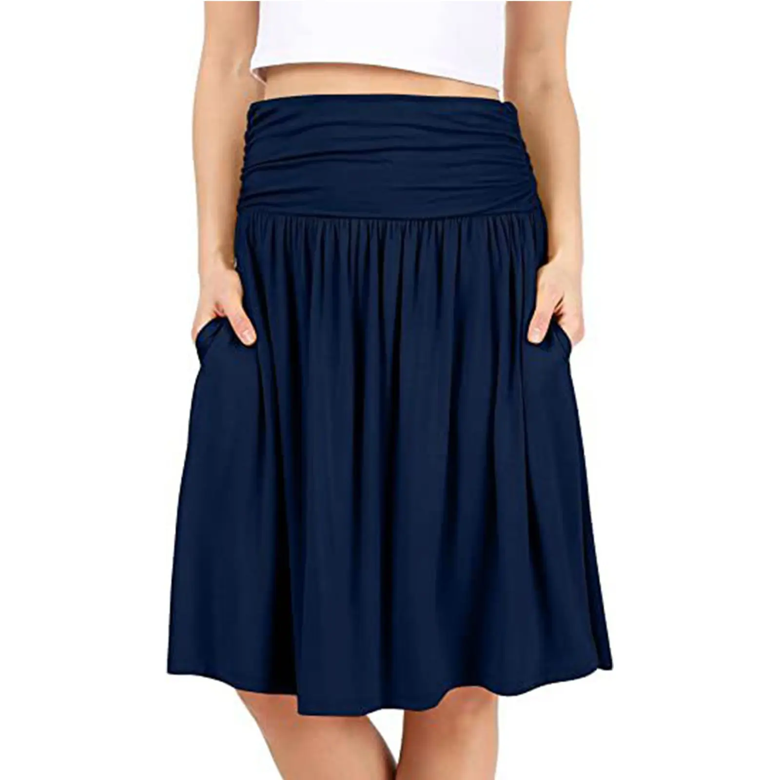 Skirts For Women Trendy Summer Regular Skirt With Pockets Below The Knee Length Ruched Flowy Midi Skirt Women'S Clothing