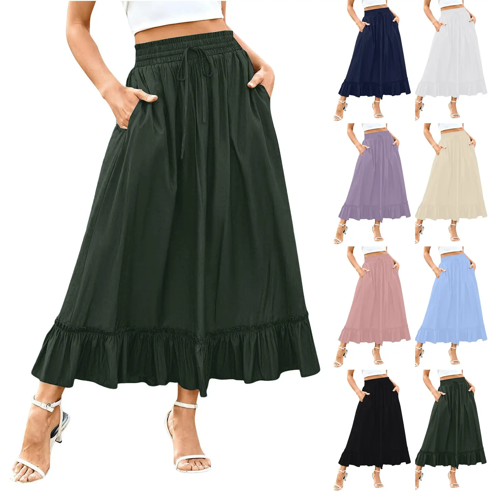 Short Skirts Women'S Clothing Trend Elastic Waistband Drawstring Black Fungus Edge Inserted Pocket Woman Dresses Summer