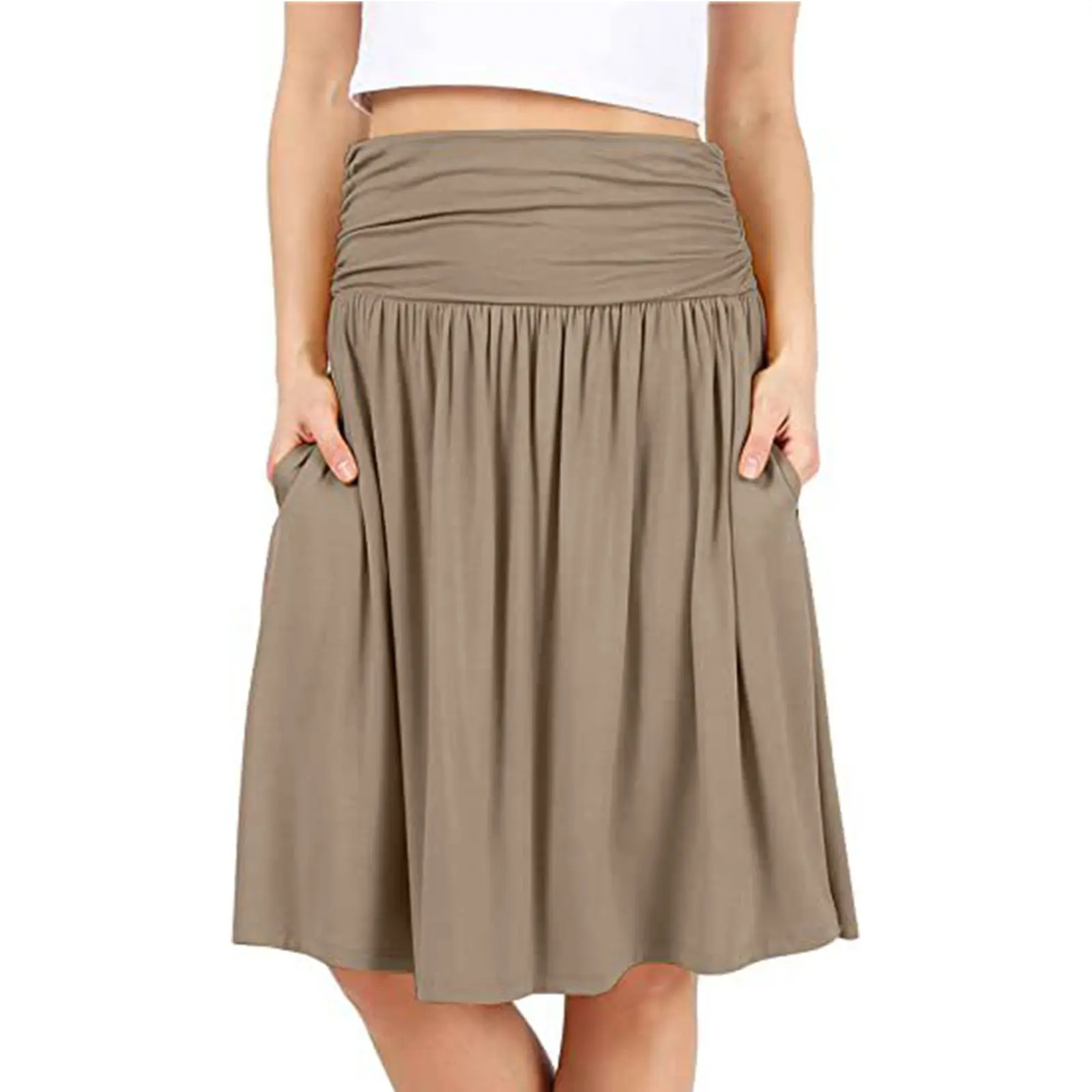 Skirts For Women Trendy Summer Regular Skirt With Pockets Below The Knee Length Ruched Flowy Midi Skirt Women'S Clothing