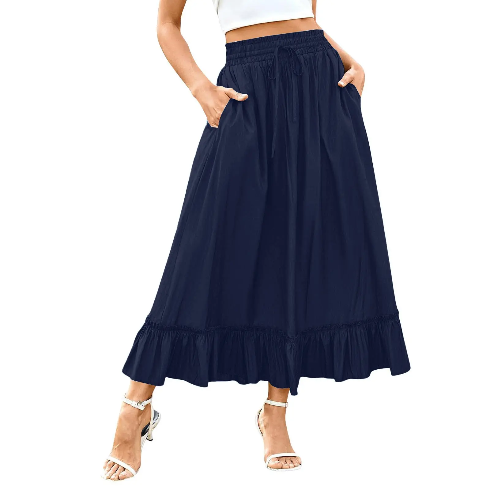 Short Skirts Women'S Clothing Trend Elastic Waistband Drawstring Black Fungus Edge Inserted Pocket Woman Dresses Summer