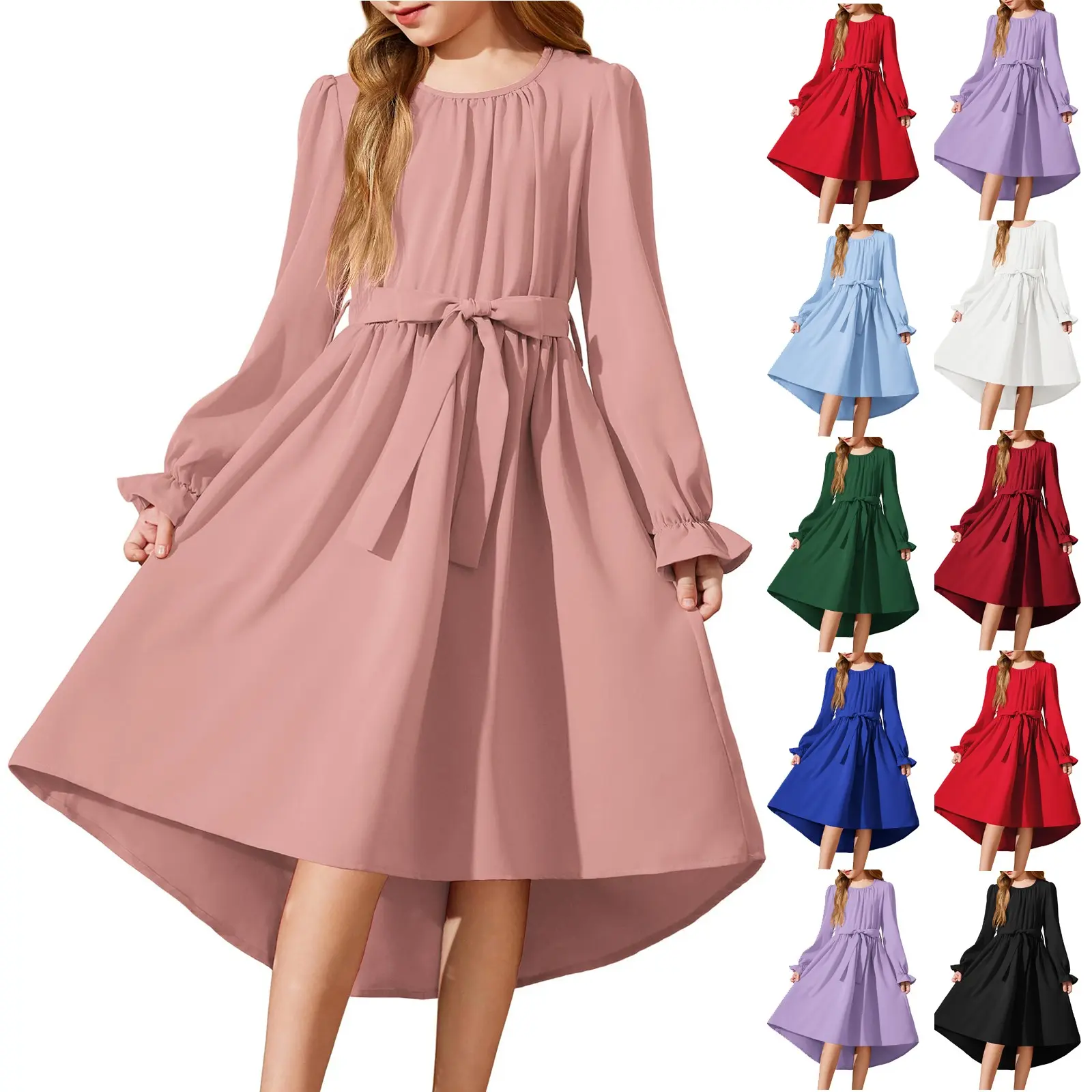 Summer Girls New Solid Color Long Sleeved Long Dress Beach Party Birthday Casual Fashion Show Versatile A-Line Dress