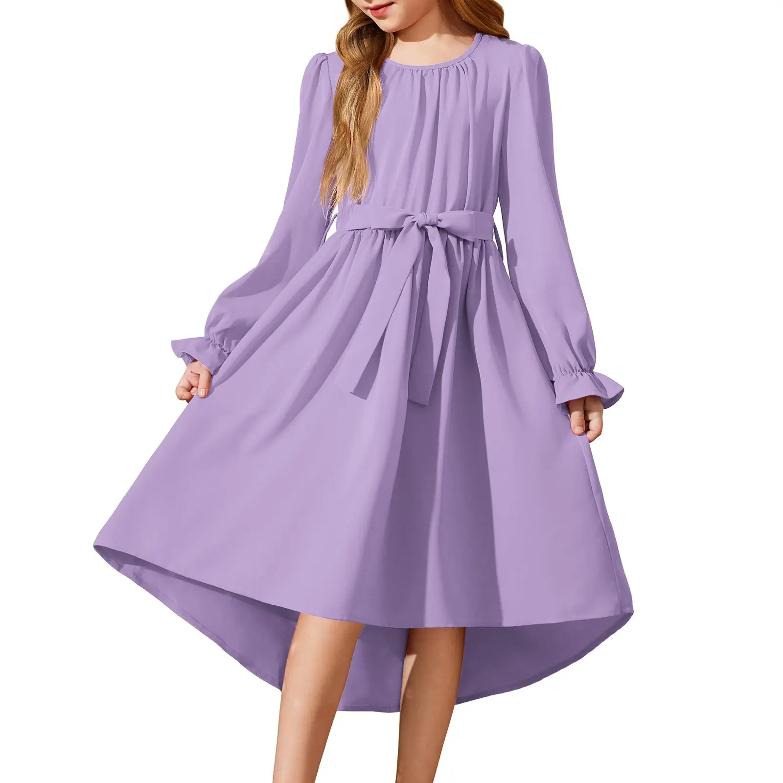 Summer Girls New Solid Color Long Sleeved Long Dress Beach Party Birthday Casual Fashion Show Versatile A-Line Dress