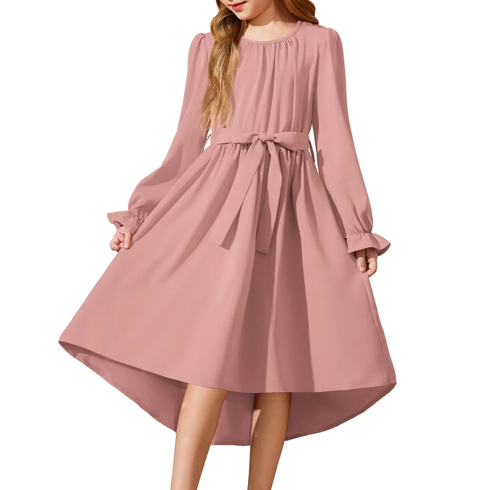 Summer Girls New Solid Color Long Sleeved Long Dress Beach Party Birthday Casual Fashion Show Versatile A-Line Dress