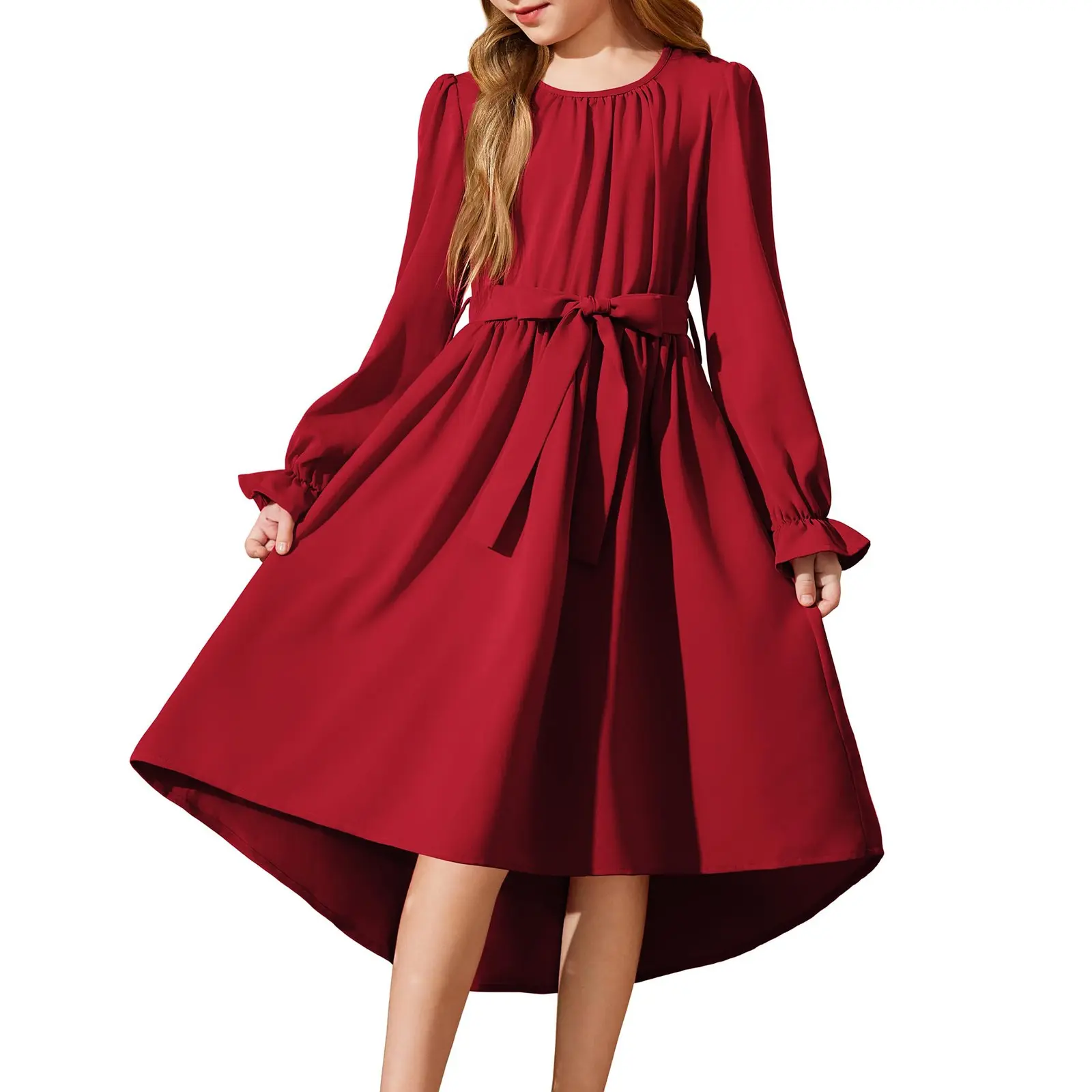 Summer Girls New Solid Color Long Sleeved Long Dress Beach Party Birthday Casual Fashion Show Versatile A-Line Dress