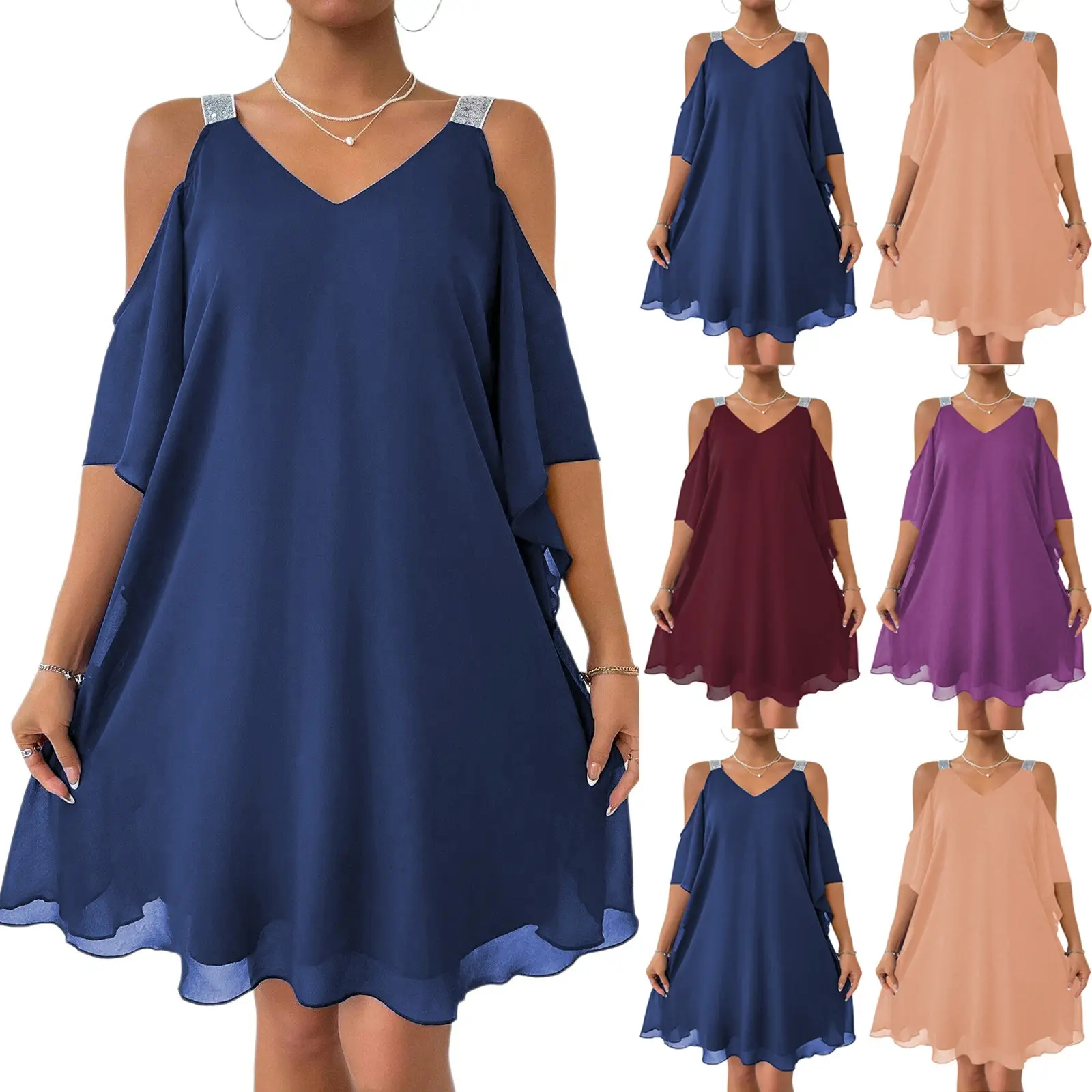 Summer Strapless Dresses for Women V-Neck Knee-length Chiffon Women Dress A-LINE Dress Women Vestidos De Verano Mujer