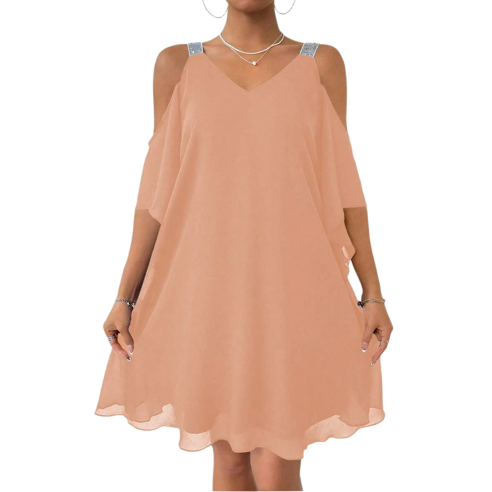 Summer Strapless Dresses for Women V-Neck Knee-length Chiffon Women Dress A-LINE Dress Women Vestidos De Verano Mujer