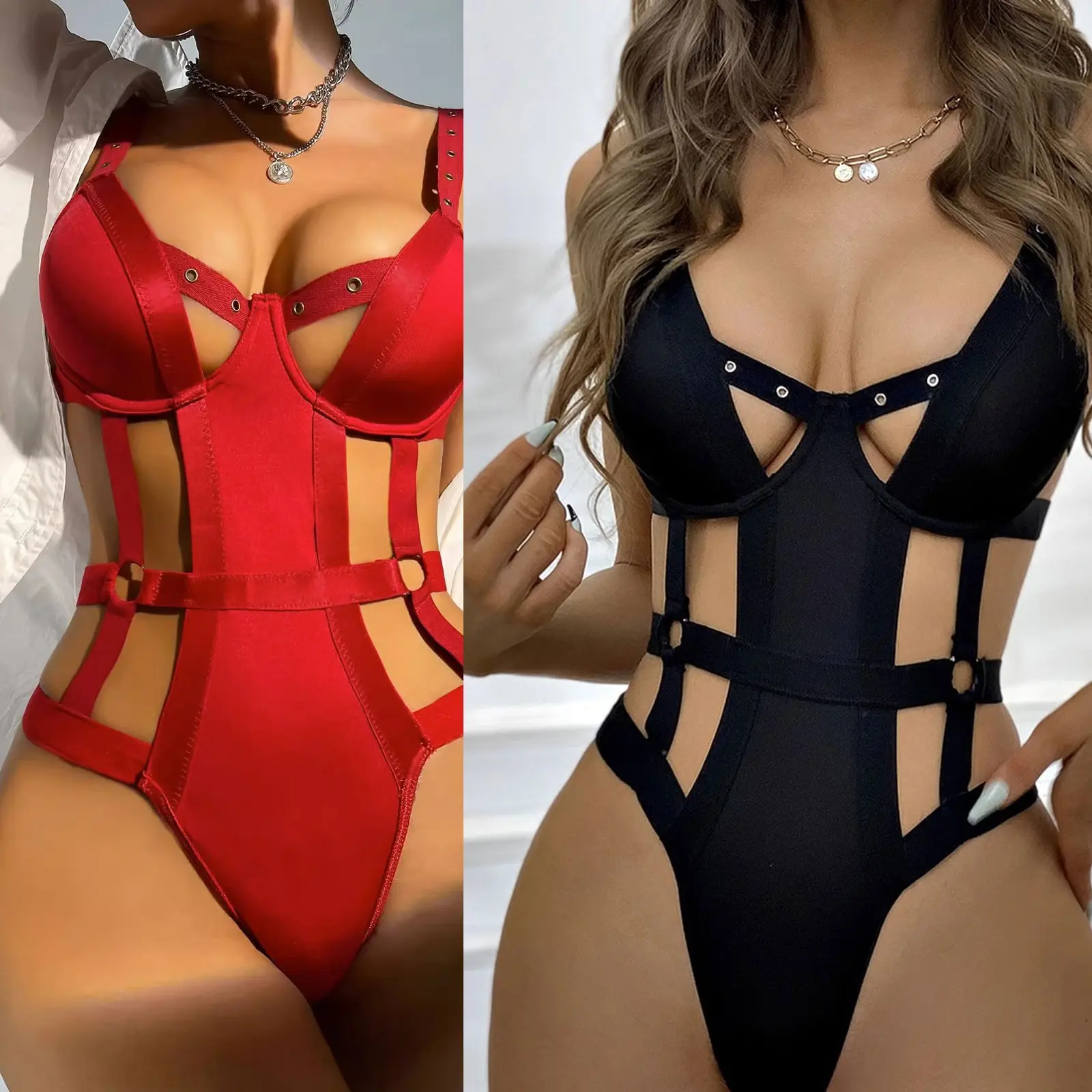Women Nightwear Lingerie Red and Black Women's Sexy Underwear Hollowed-out Onesie Sexy Pajamas Set Bra for Women Micro Bikini