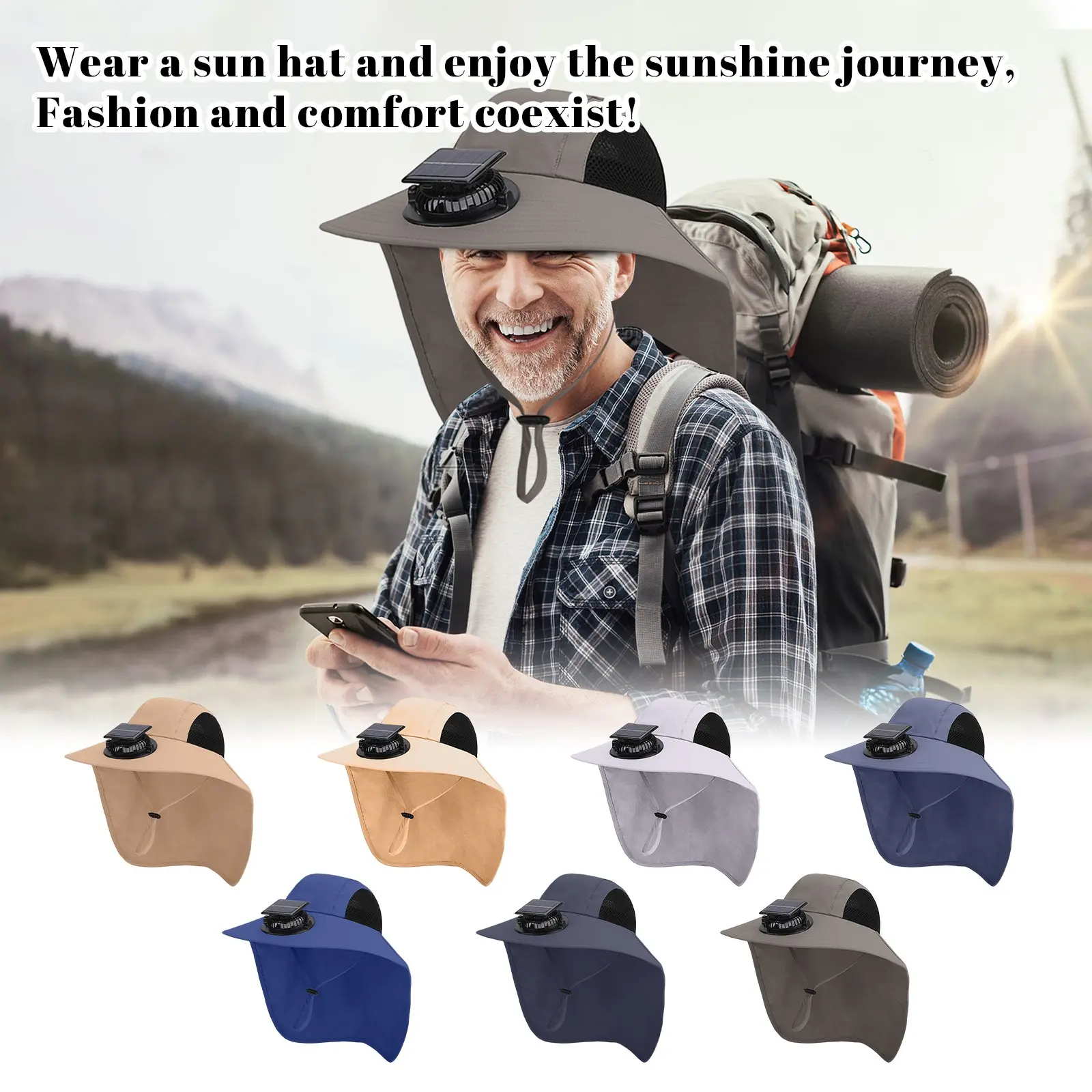 Outdoor Wide Brim Sun Hat Fishing Hat Solar Fan Sun Bucket Hat for Men Women UPF 50+ Waterproof Breathable Bucket Hat
