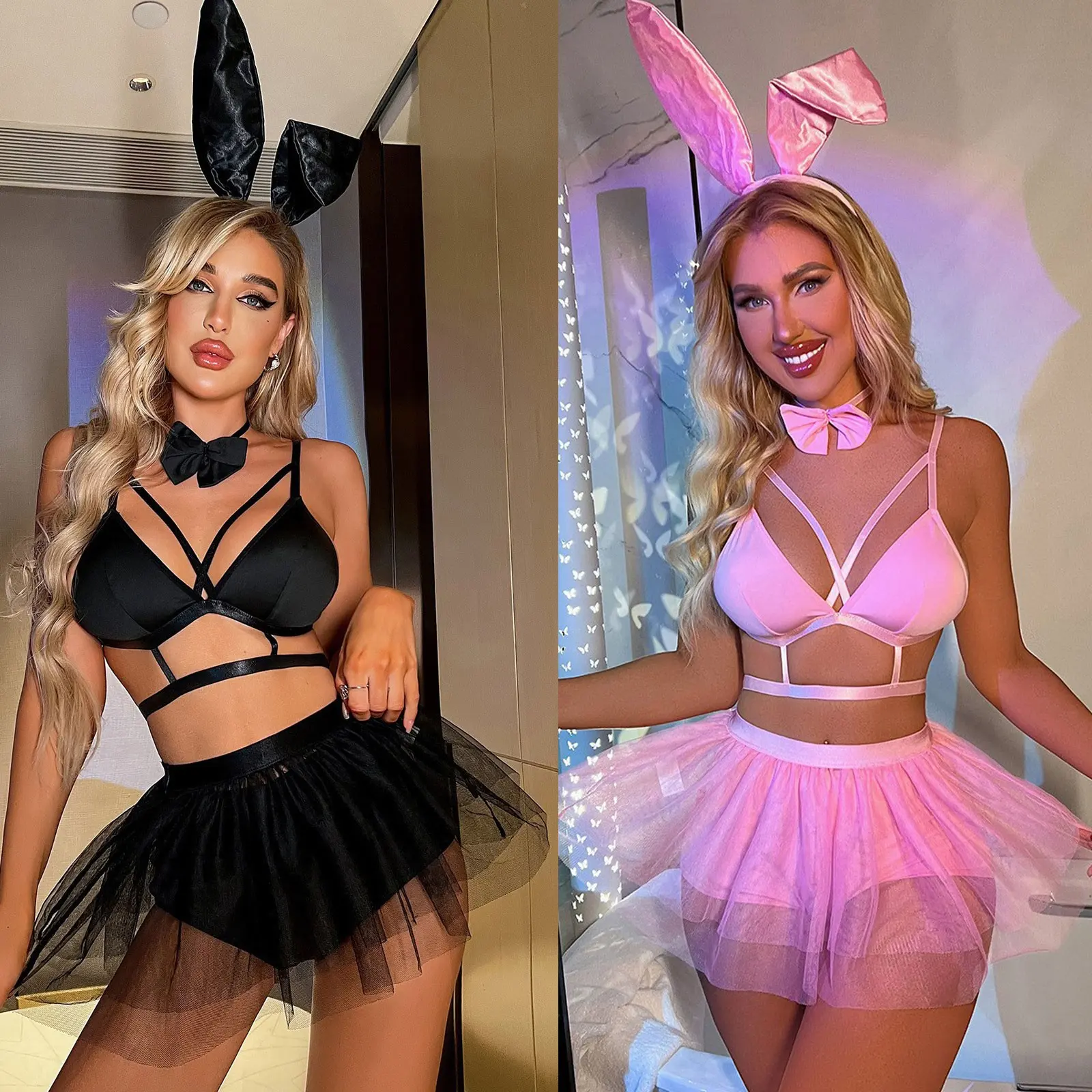 Sexy Lingerie Set Women Cosplay Bunny Girl Pink Set Mesh Lace Erotic lingerie Set Sexy Bodysuit Women Role Play Maid Costume