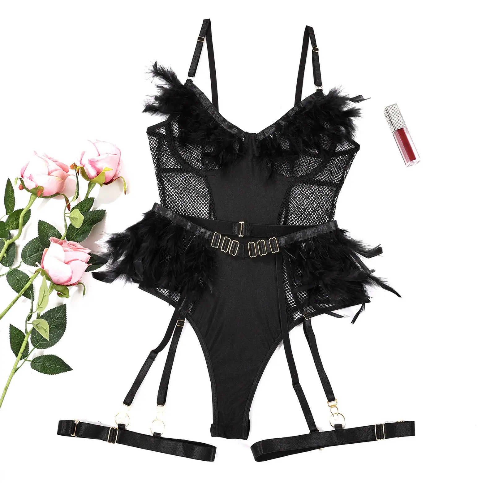 Sexy Feather Underwear Set Sexy Breast Gathering Plus Size Feather Lingerie Set Porno Costumes Women Lingerie Bodysuit