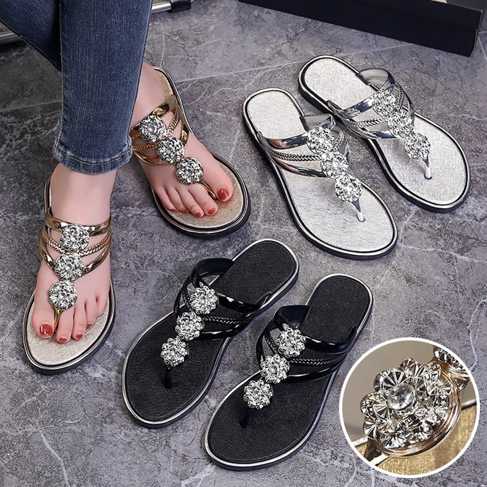 Elegant French Style Women's Flip Flops Versatile Fashionable Outer Wear Beach Flat Bottom Slippers Adult Crystal Element